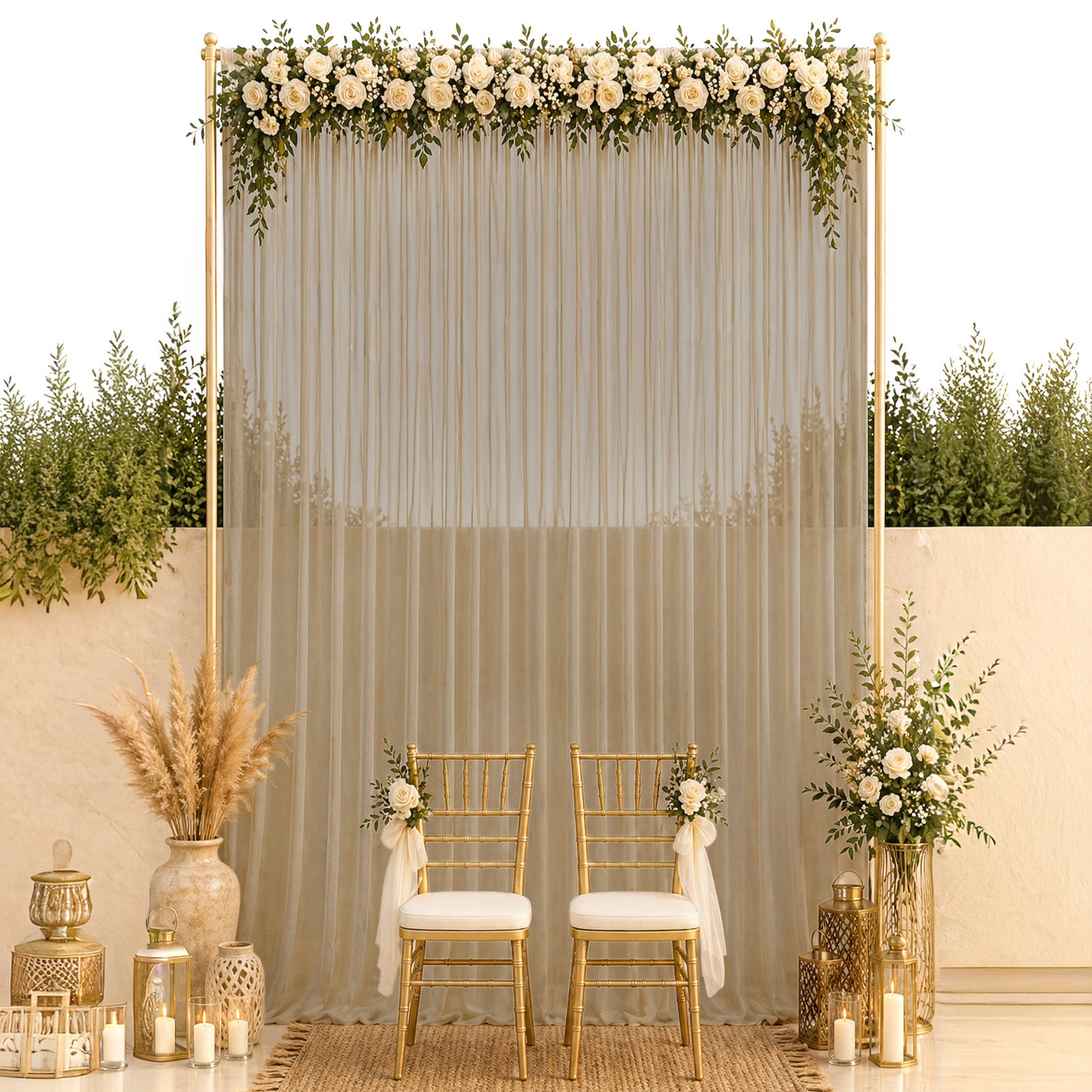 Natural sheer chiffon backdrop curtain panel for events.