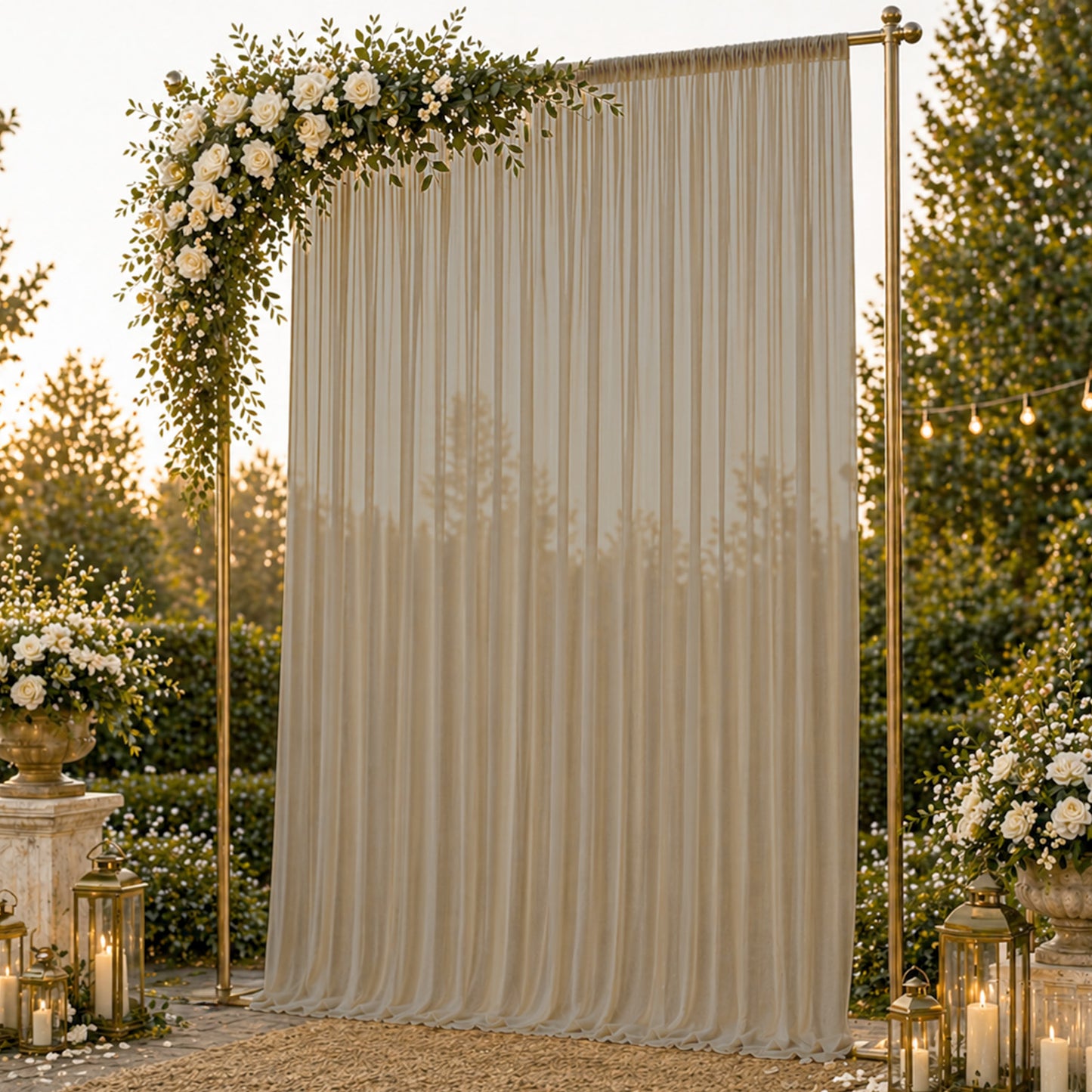 Natural sheer chiffon backdrop curtain panel in a beautiful outdoor setting.