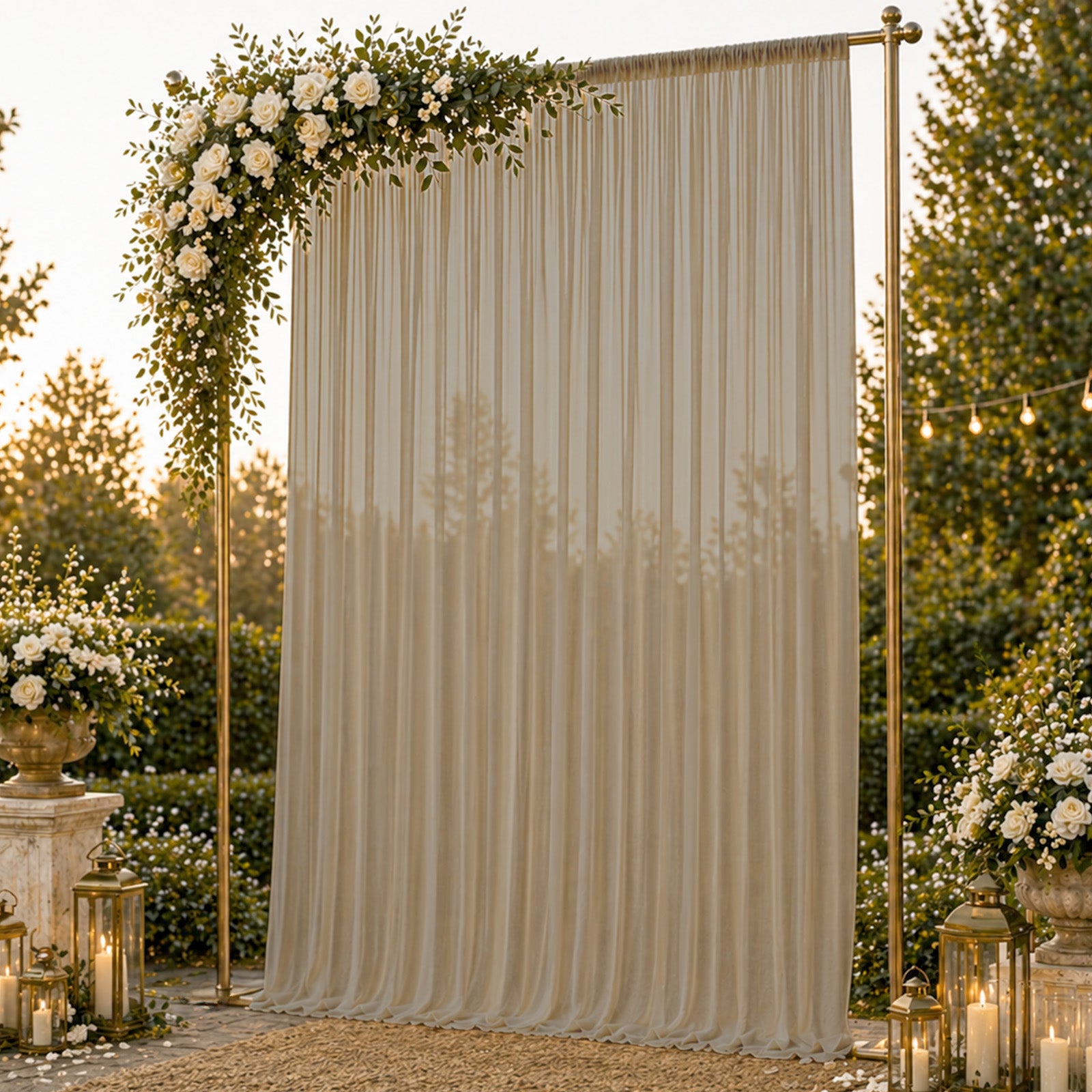 Natural sheer chiffon backdrop curtain panel in a beautiful outdoor setting.