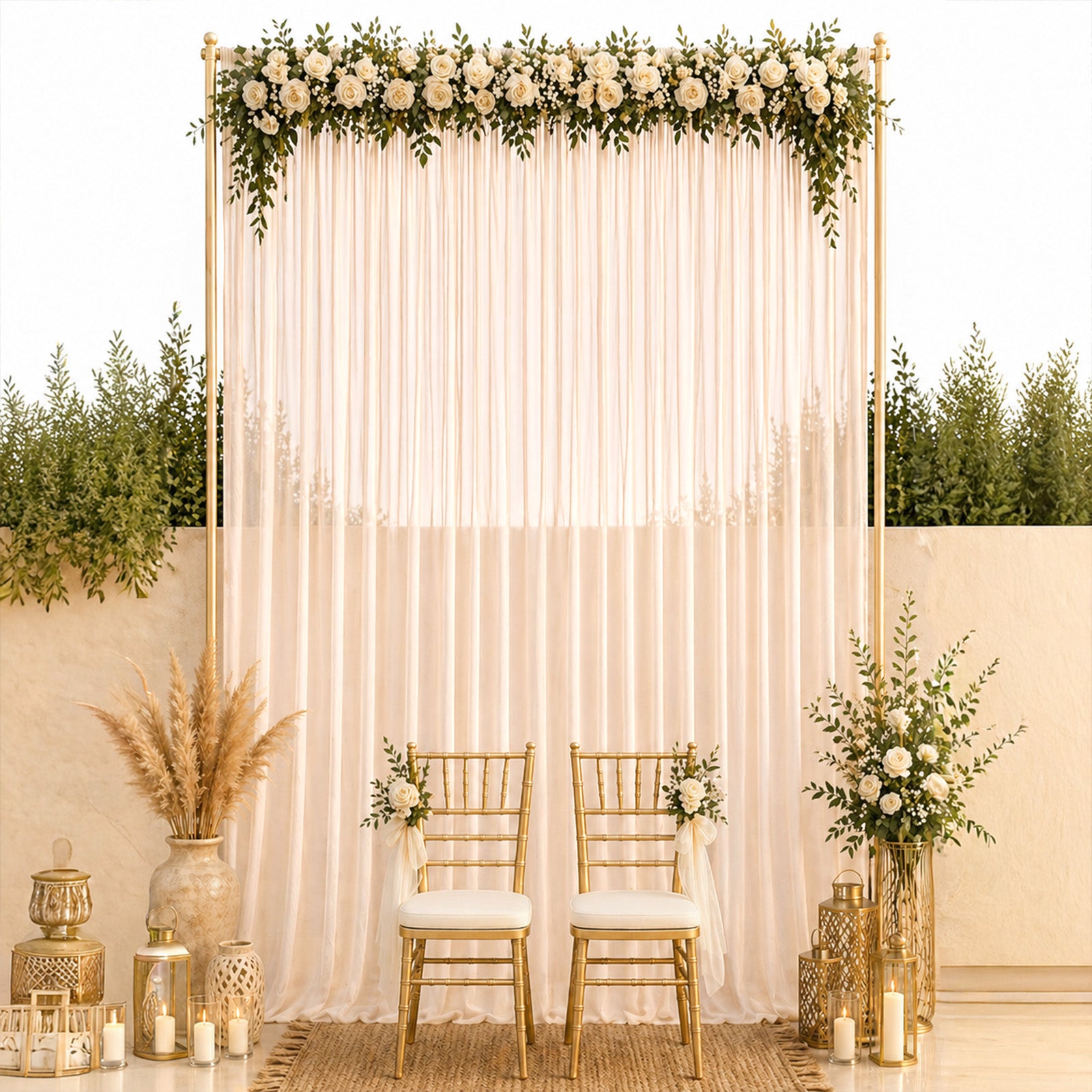 Blush chiffon backdrop curtain panel with floral decor and gold accents.
