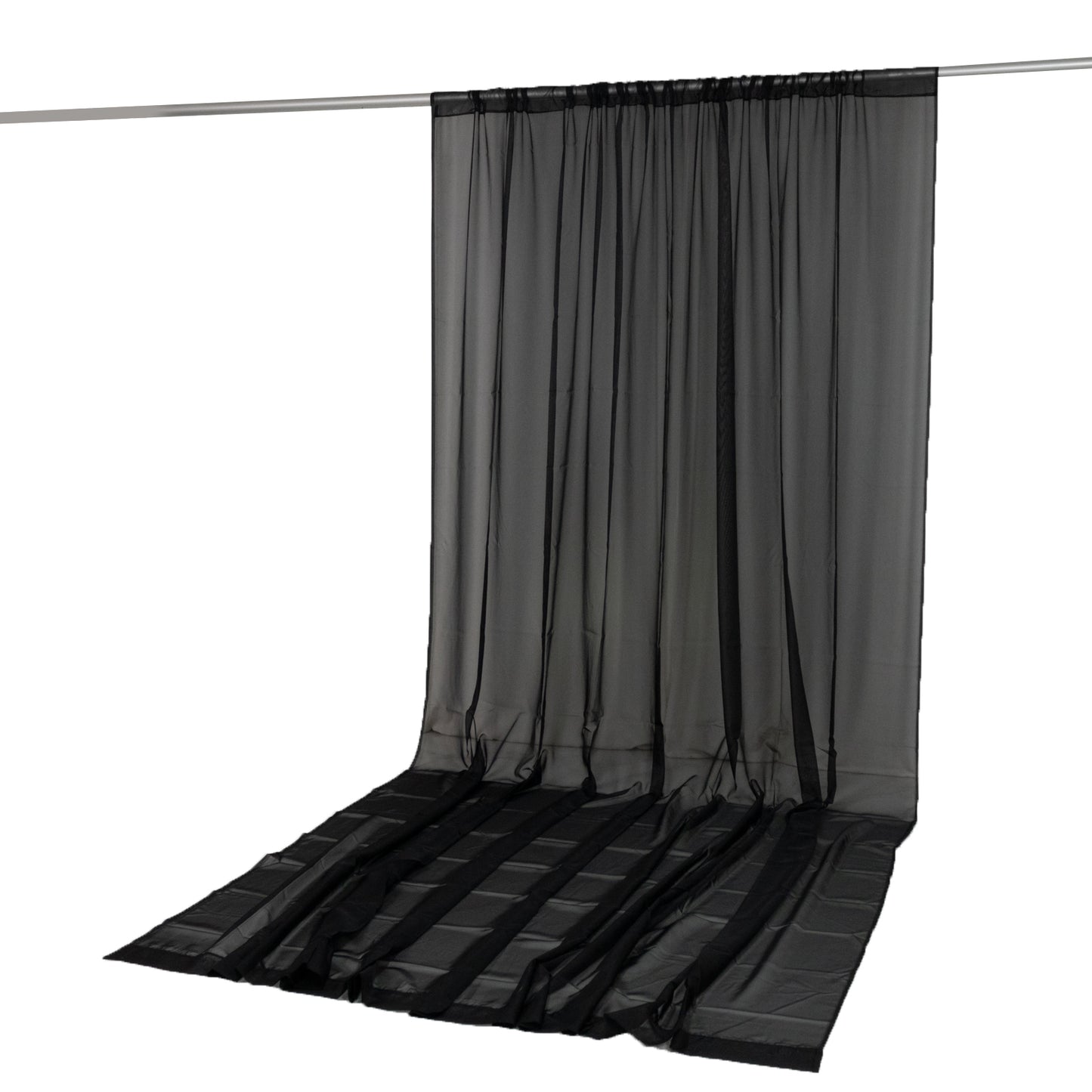 Black chiffon backdrop curtain panel draping fabric with rod pocket. #whtbkgd