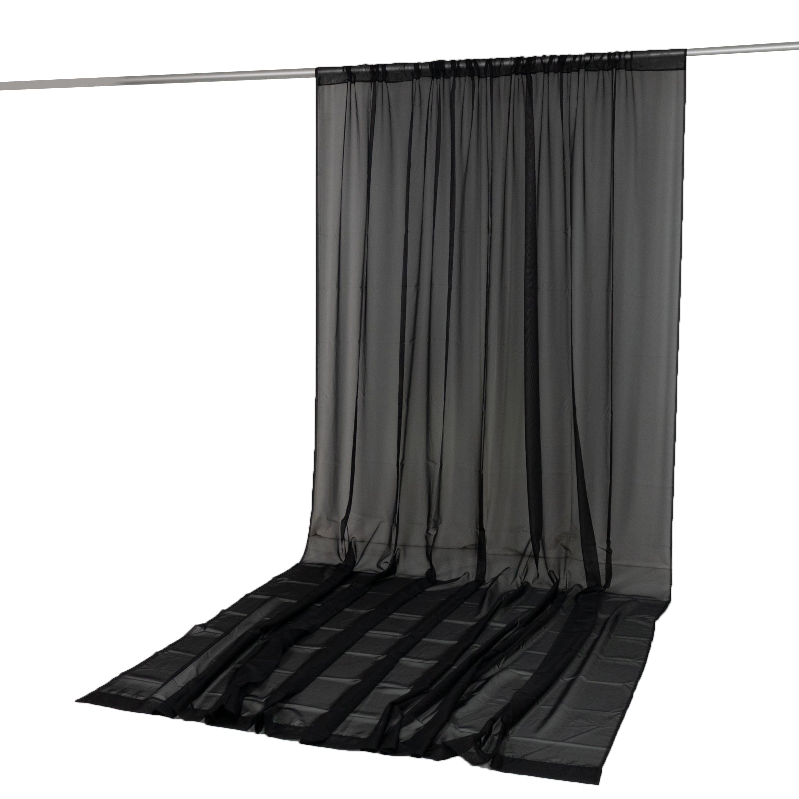 Black chiffon backdrop curtain panel draping fabric with rod pocket. #whtbkgd