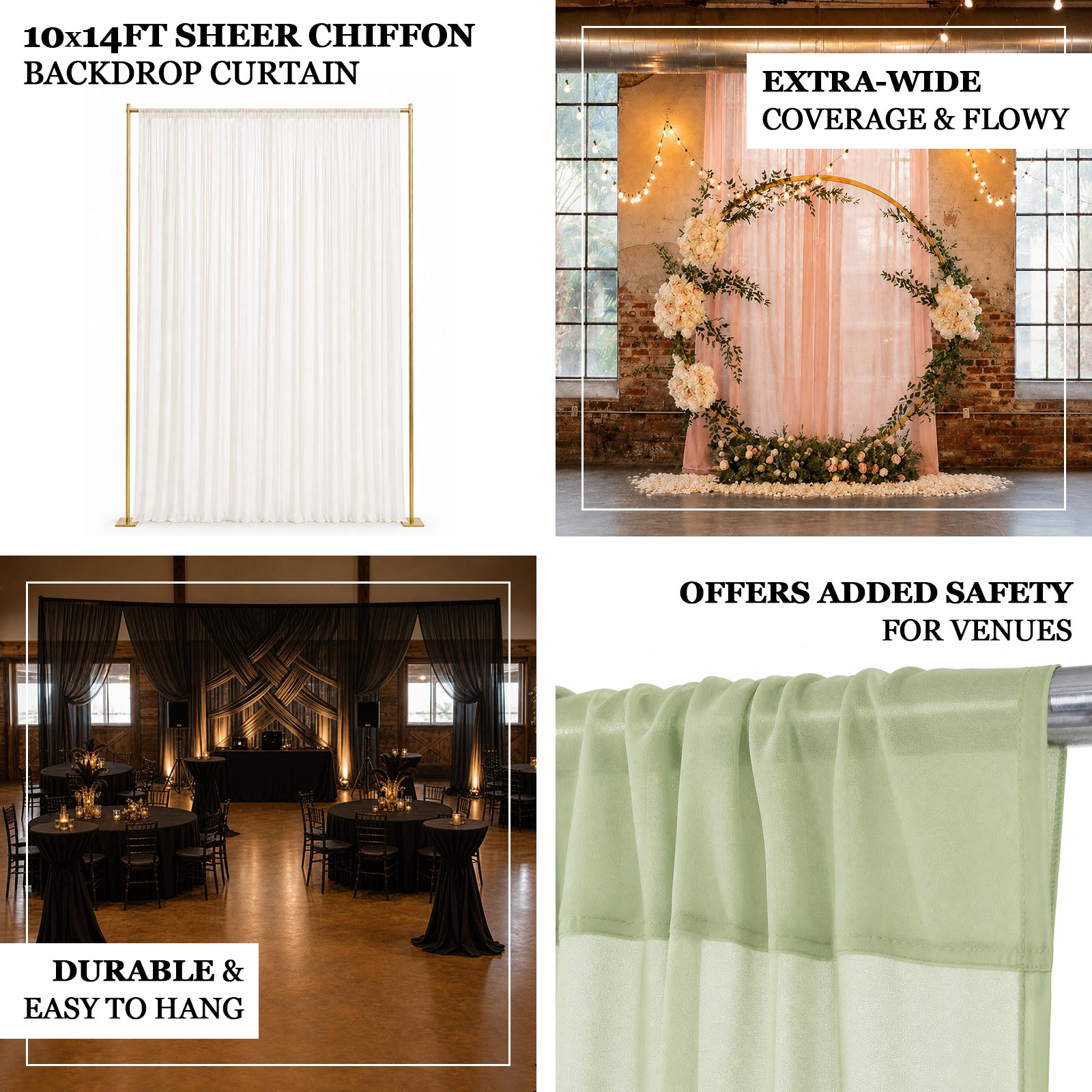 10ft x 14ft Chiffon Backdrop Curtain Panel – Durable Flame Resistant Sheer Draping Fabric with Rod P