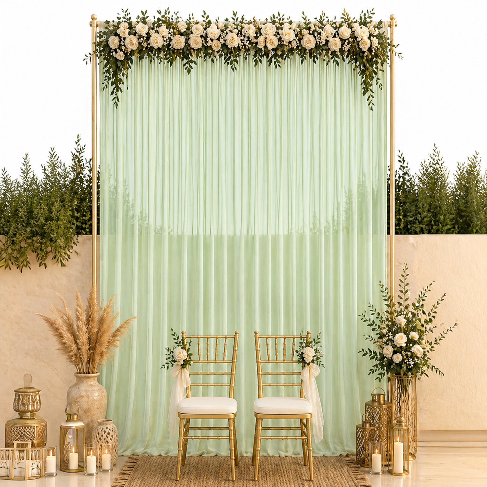 Sage green chiffon backdrop curtain panel for event decoration.