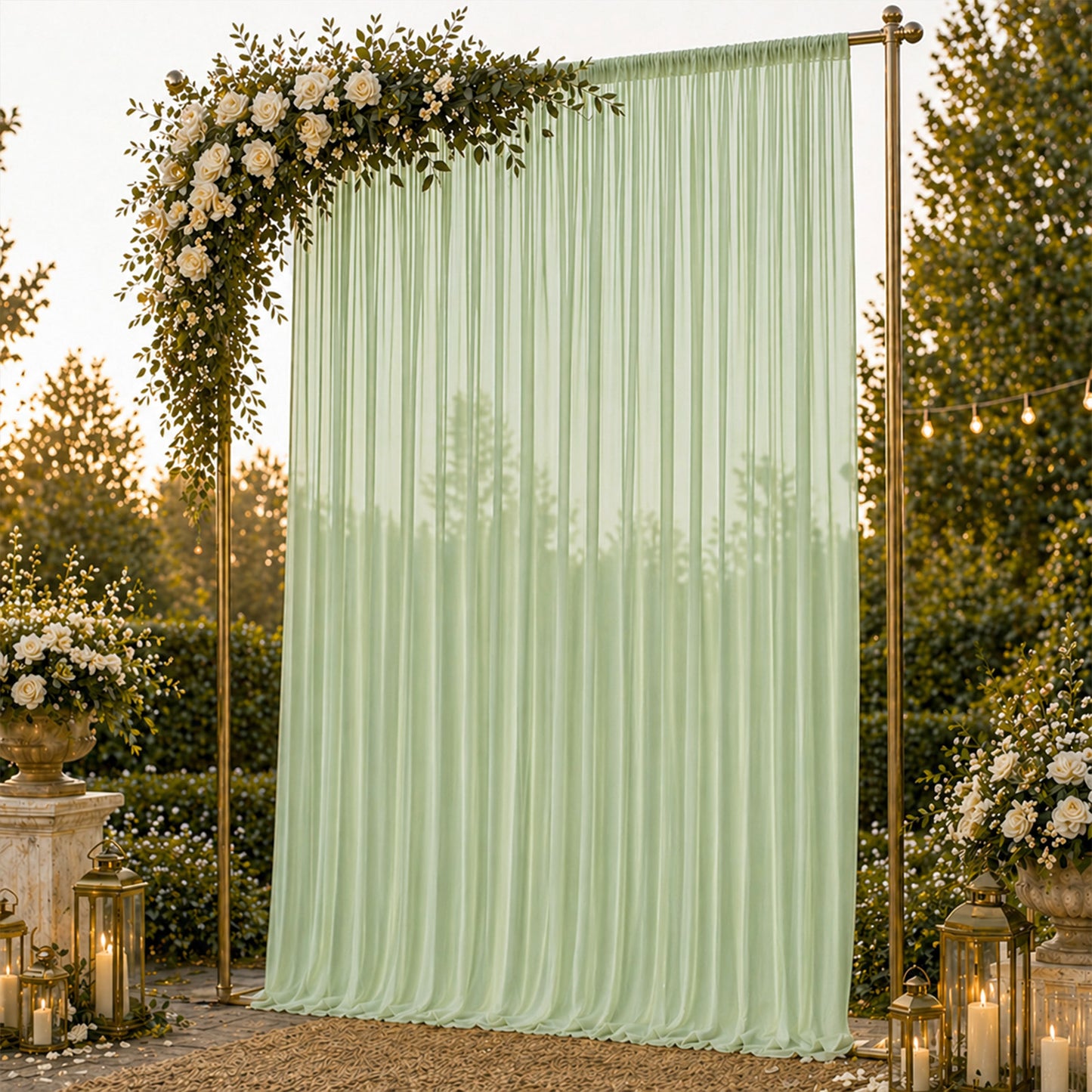 Sage green chiffon backdrop curtain panel for events and decor.