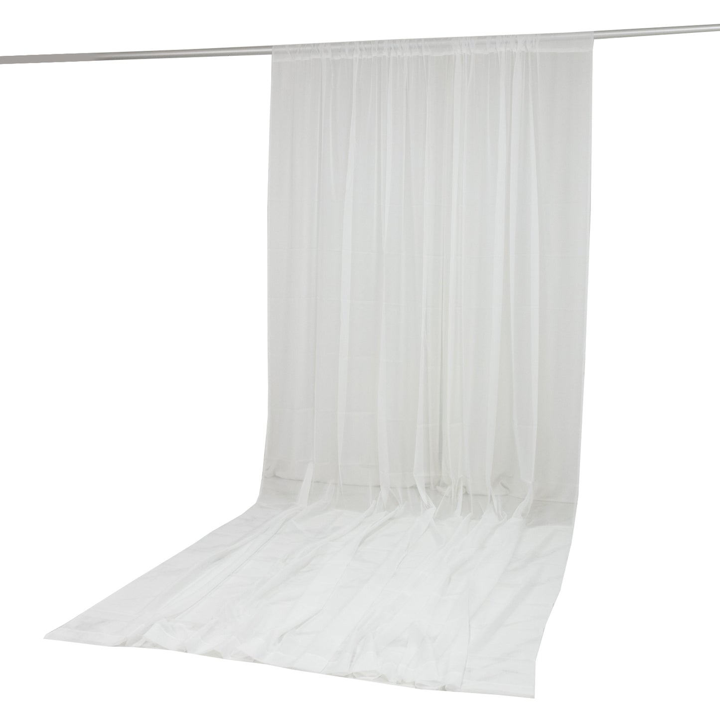 Ivory chiffon backdrop curtain panel hanging from a rod. #whtbkgd