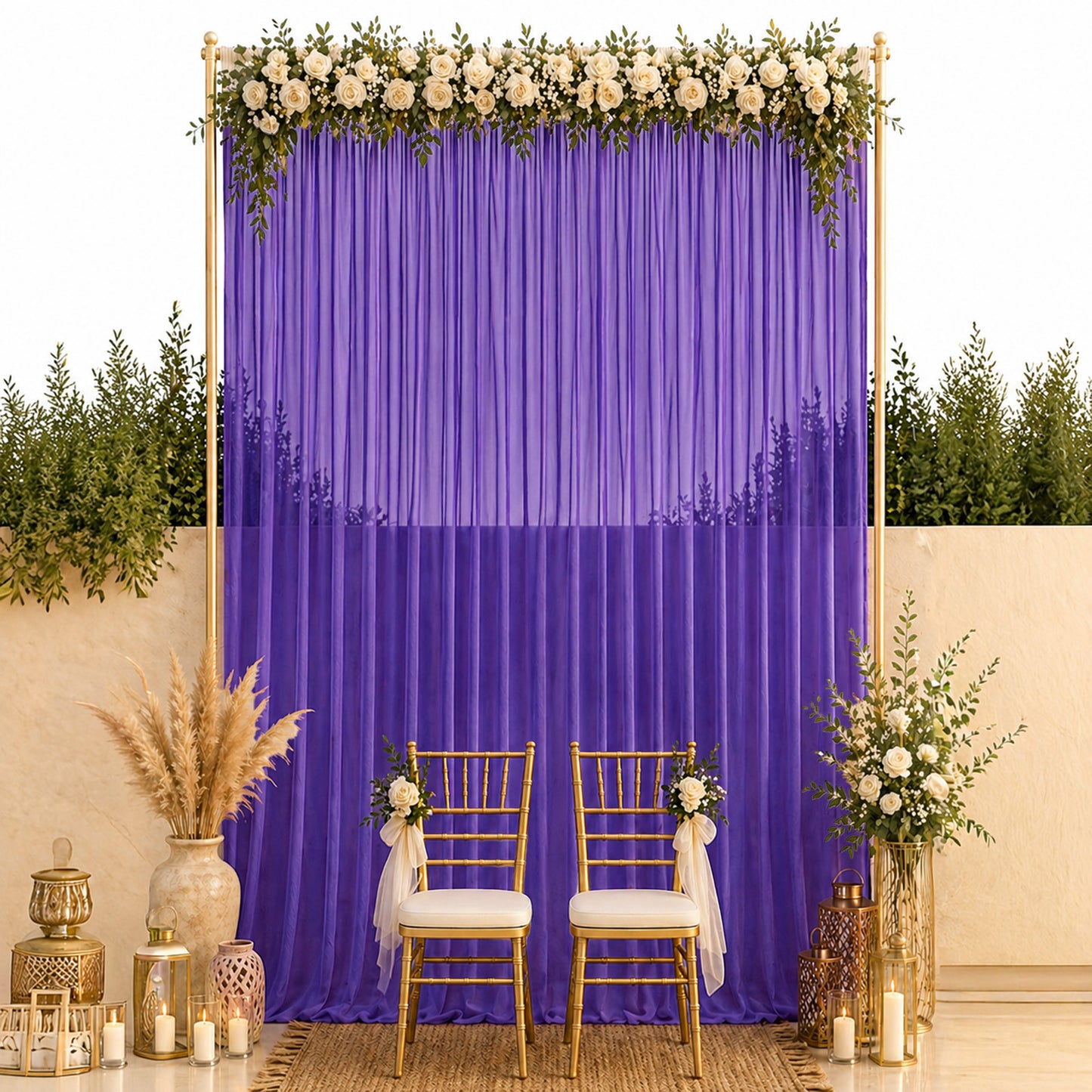 Purple chiffon backdrop curtain panel with sheer draping fabric.