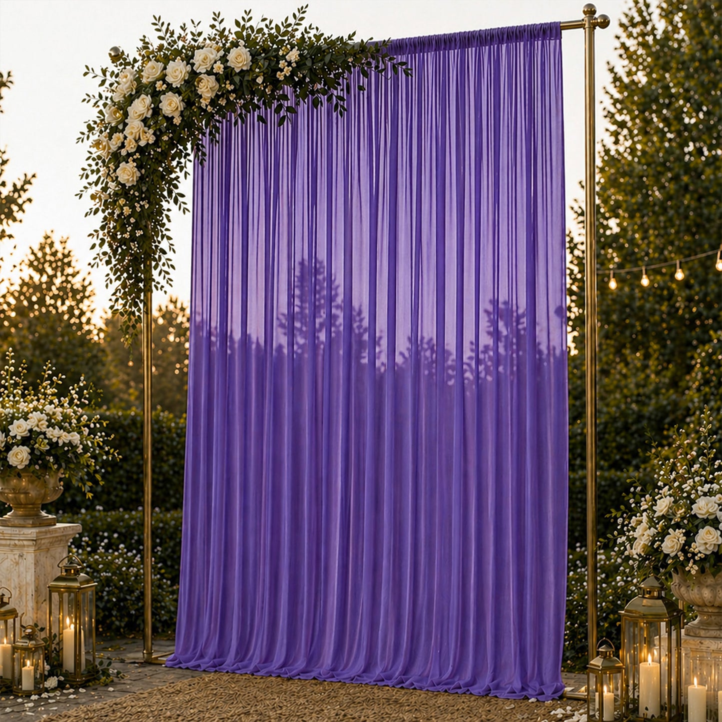 Purple chiffon backdrop curtain panel, perfect for events and decor.