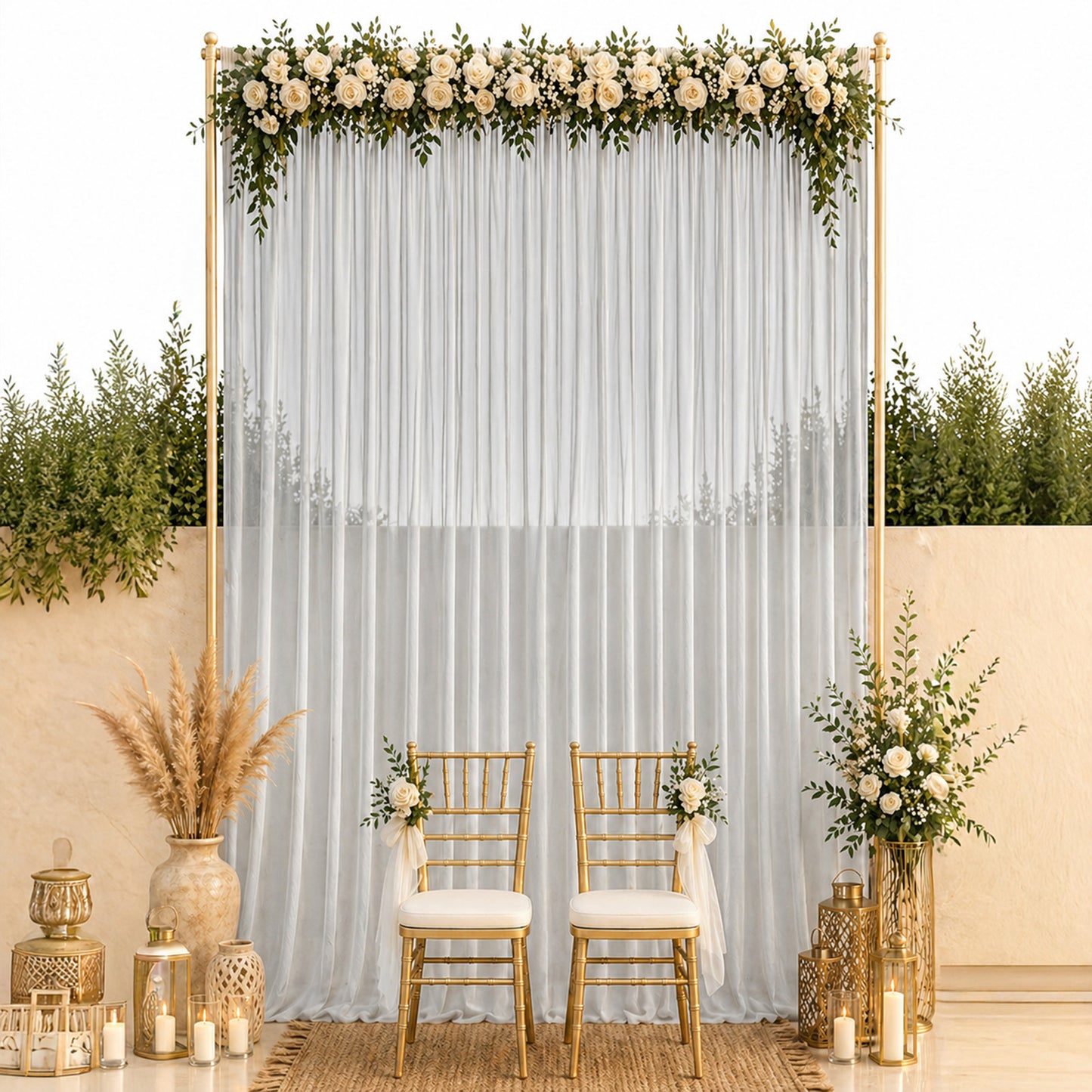 Silver chiffon backdrop curtain panel for elegant events and decor.