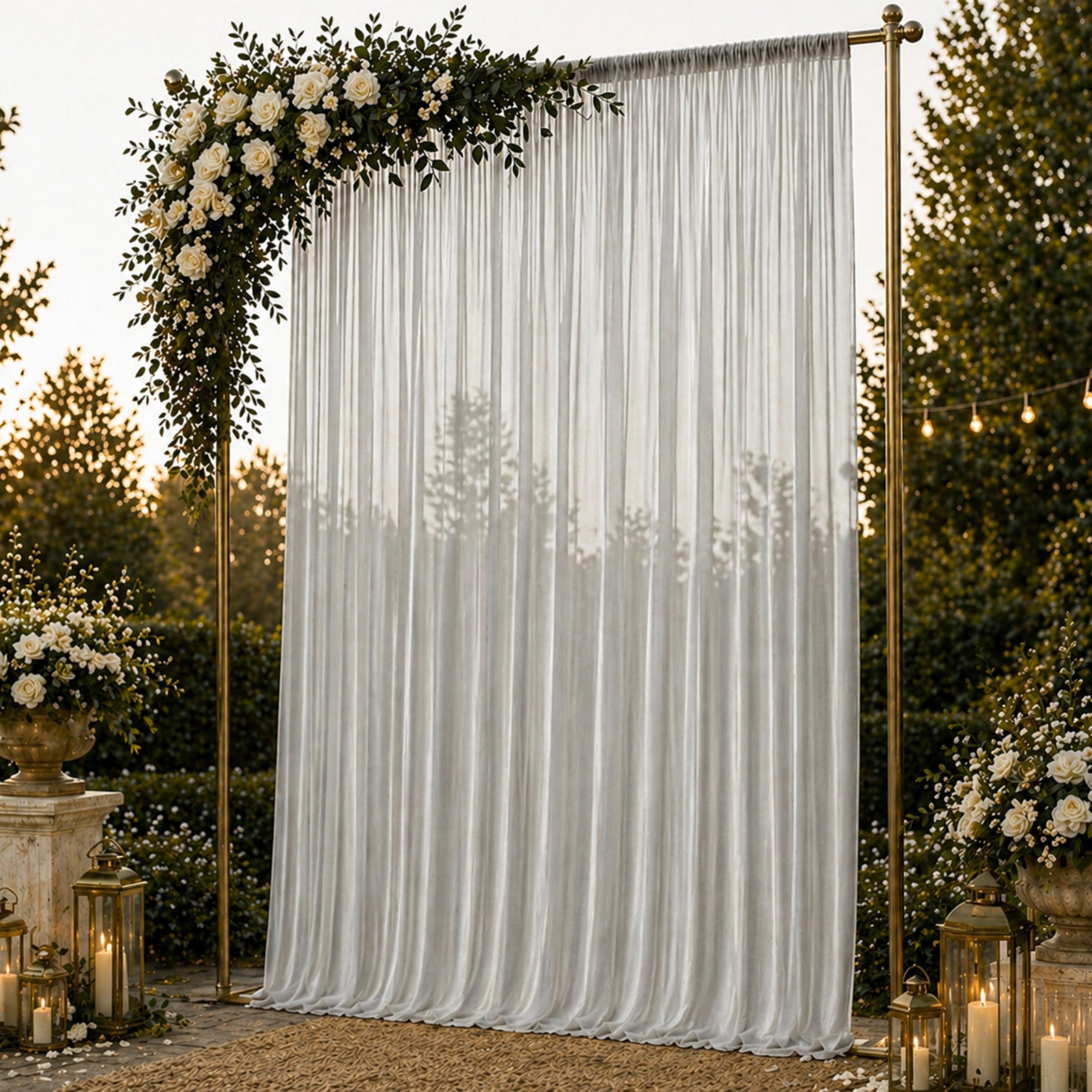 Silver chiffon backdrop curtain panel with sheer draping fabric.