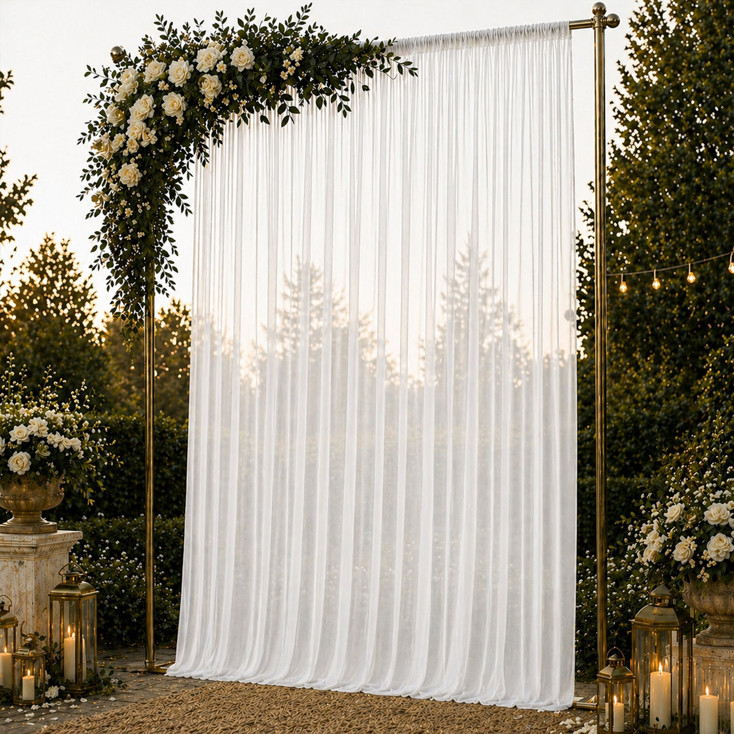 White chiffon backdrop curtain panel for elegant draping in events.