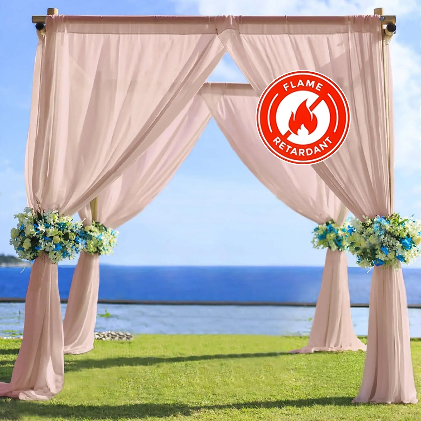Blush chiffon curtain panel, durable flame resistant backdrop drapery.