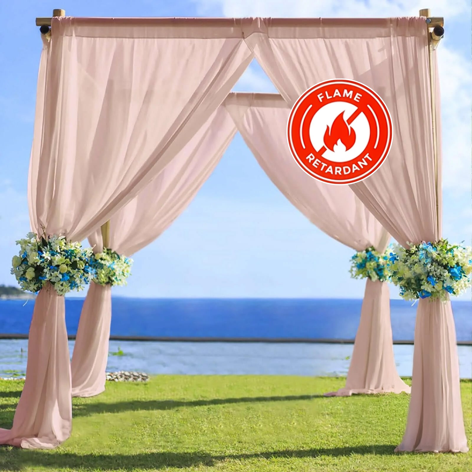 Blush chiffon curtain panel, durable flame resistant backdrop drapery.