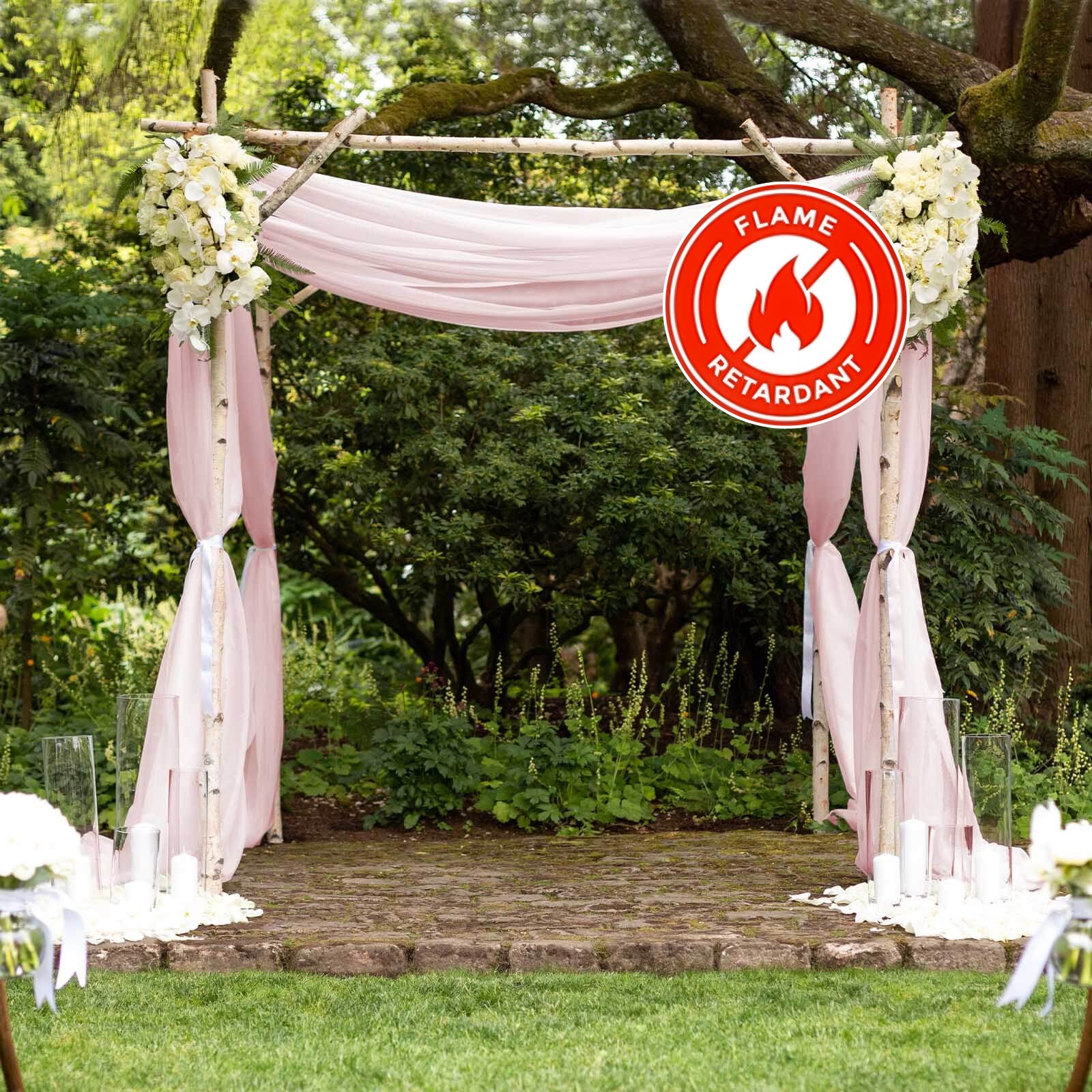 Blush chiffon curtain panel, durable flame-resistant backdrop drapery.