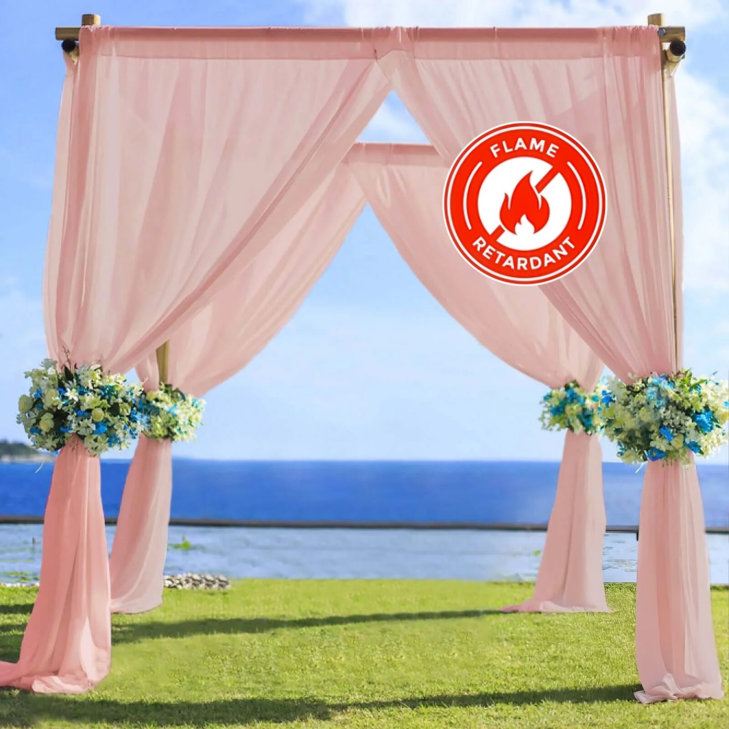 Dusty rose chiffon curtain panel drapery against a scenic backdrop.
