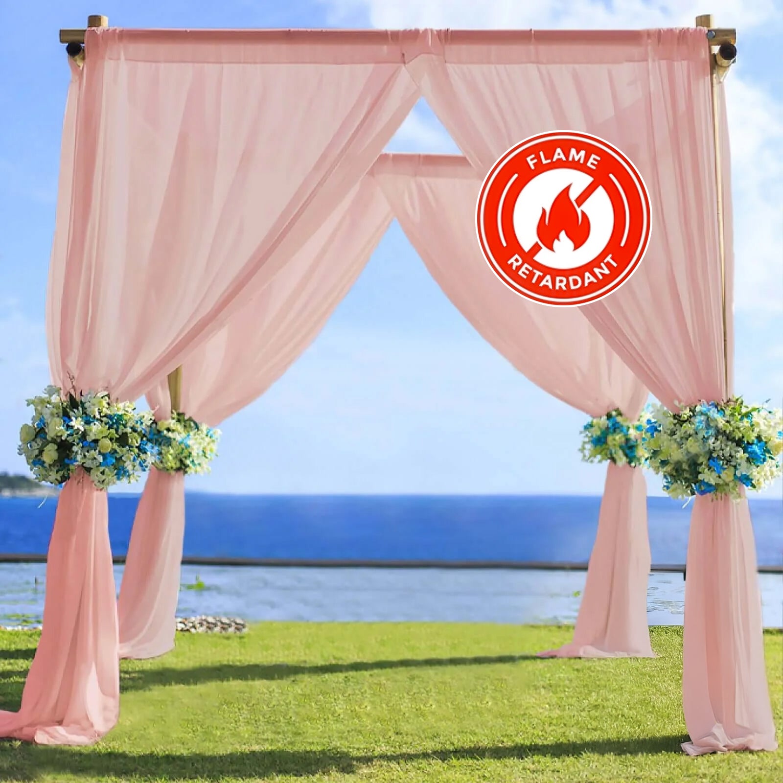 Dusty rose chiffon curtain panel drapery against a scenic backdrop.