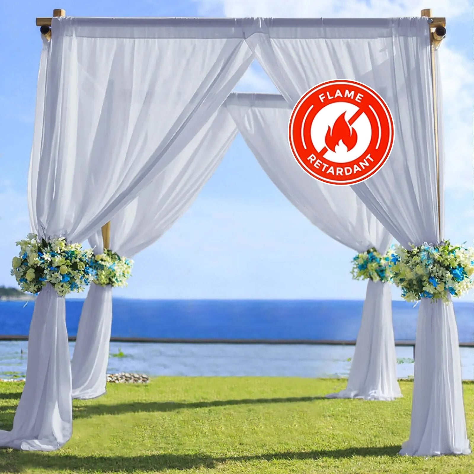 Dusty blue chiffon curtain panel, durable flame resistant backdrop drapery.