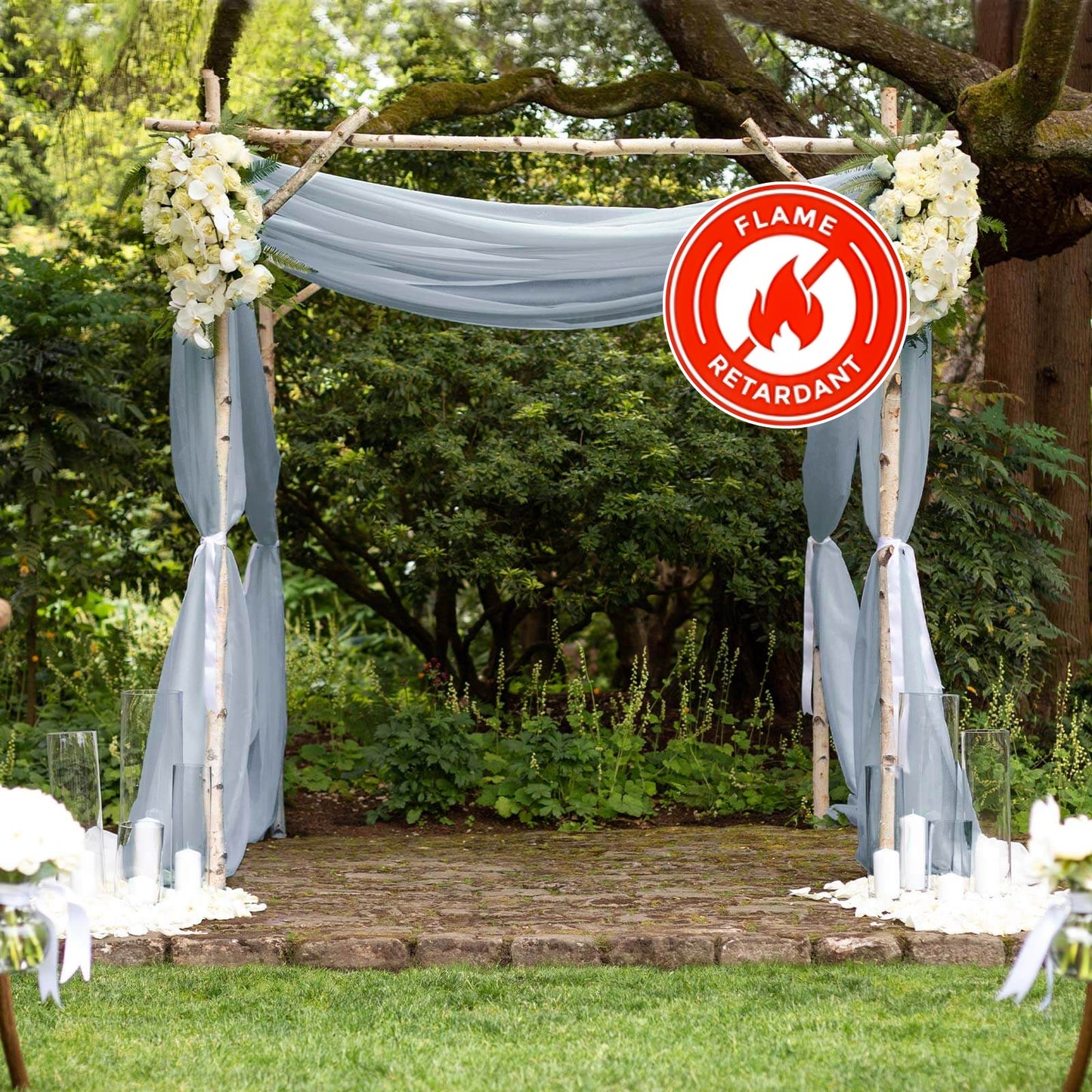 Dusty blue chiffon curtain panel, durable flame resistant backdrop for events.