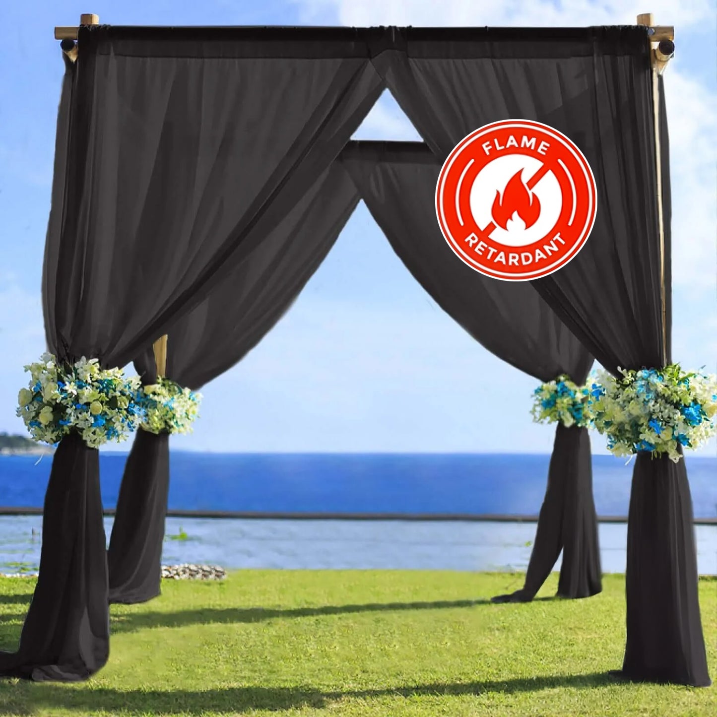 5ftx14ft Black Chiffon Curtain Panel, Durable Flame Resistant Backdrop Ceiling Drapery With Rod Pocket