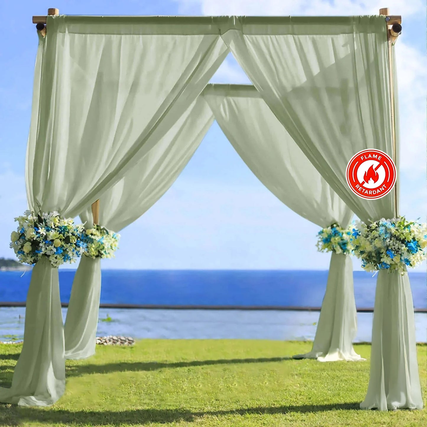 Dusty sage green chiffon curtain panel backdrop drapery.