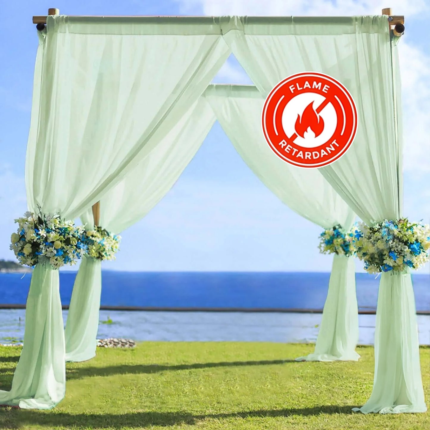 Sage green chiffon curtain panel backdrop drapery with rod pocket.