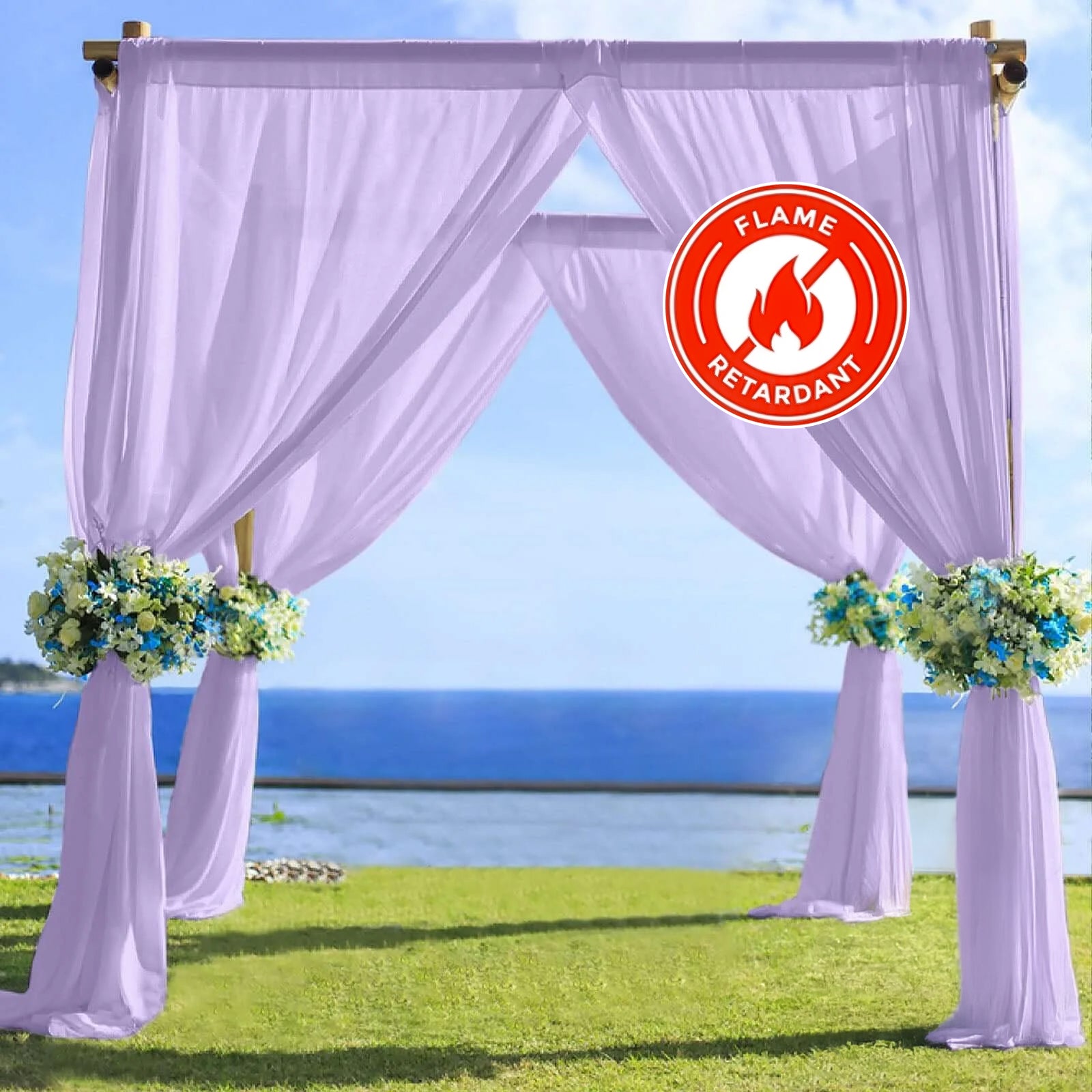 Lavender chiffon curtain panel, durable and flame resistant backdrop drapery.