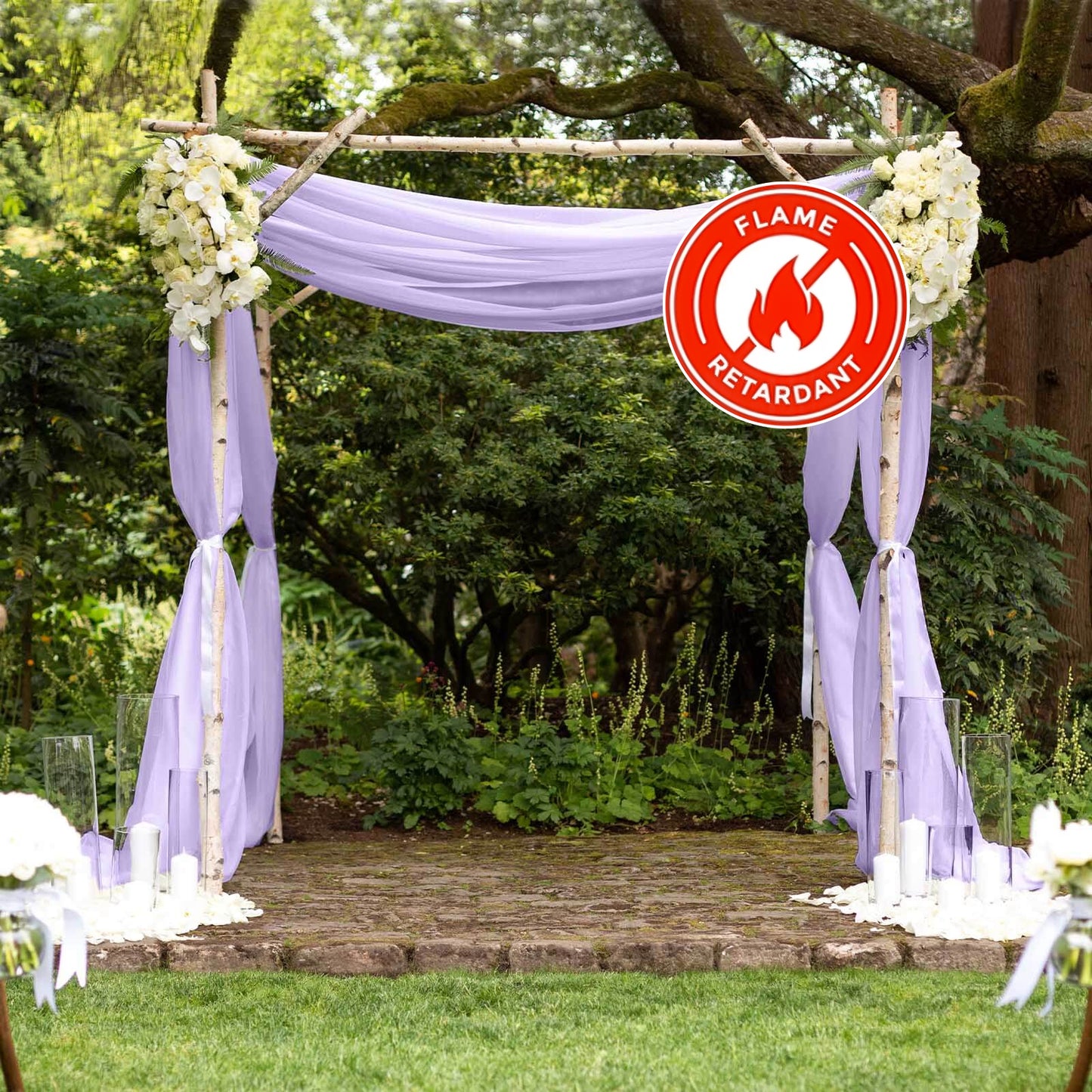 Lavender chiffon curtain panel backdrop with durable flame-resistant fabric.