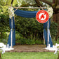 Navy blue chiffon curtain panel with flame-resistant backdrop drapery.