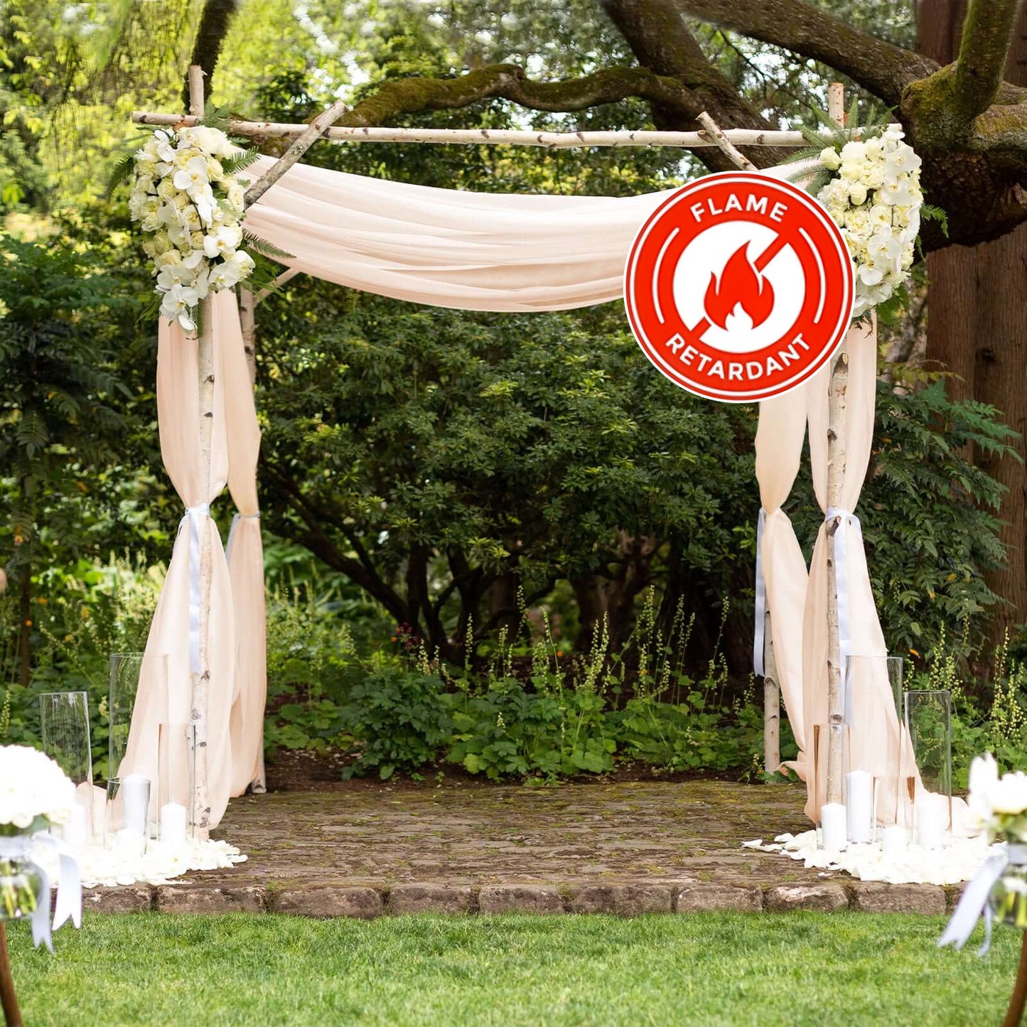 Nude chiffon curtain panel, flame-resistant backdrop for elegant decor.