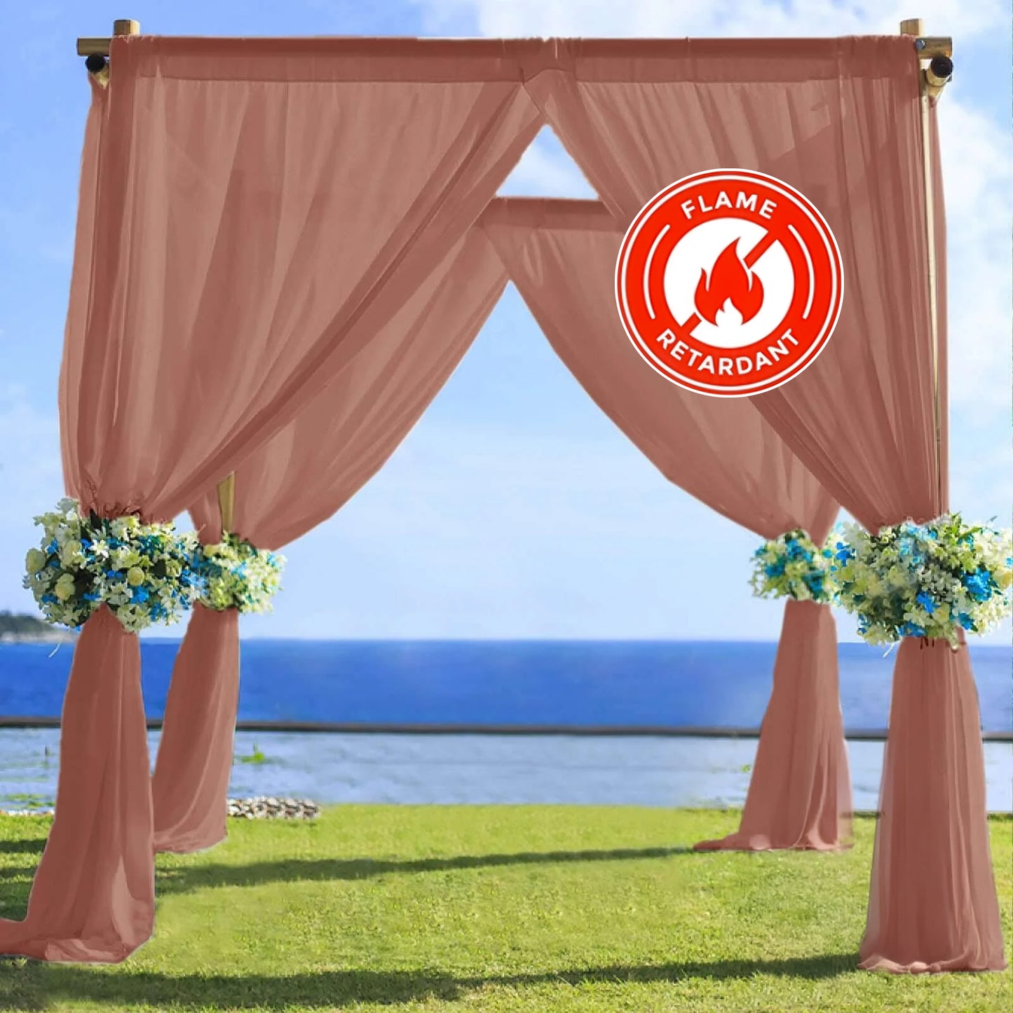 Terracotta chiffon curtain panel, durable flame resistant drapery backdrop.
