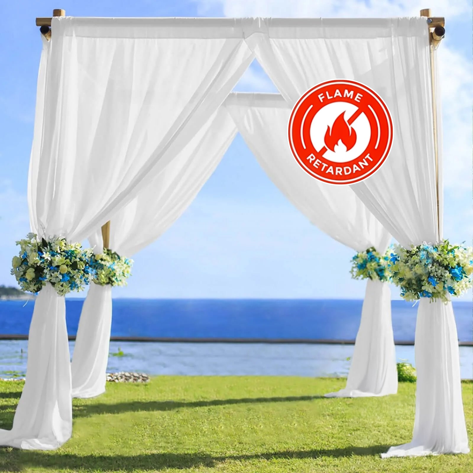 White chiffon curtain panel backdrop for events, flame resistant, outdoor setting.