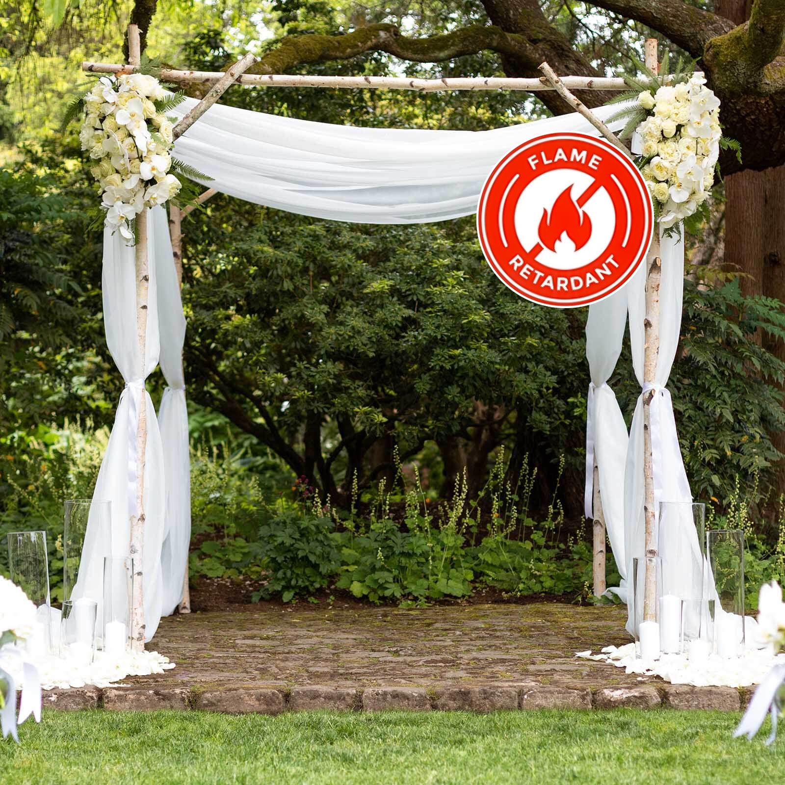 5ftx14ft white chiffon curtain panel, durable flame-resistant backdrop drapery.