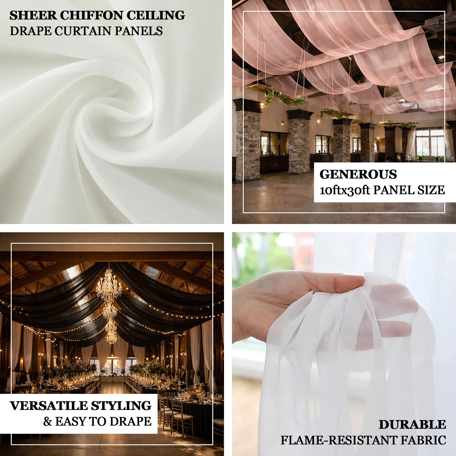 Black sheer ceiling drape curtain panels, 10ftx30ft, flame resistant fabric.