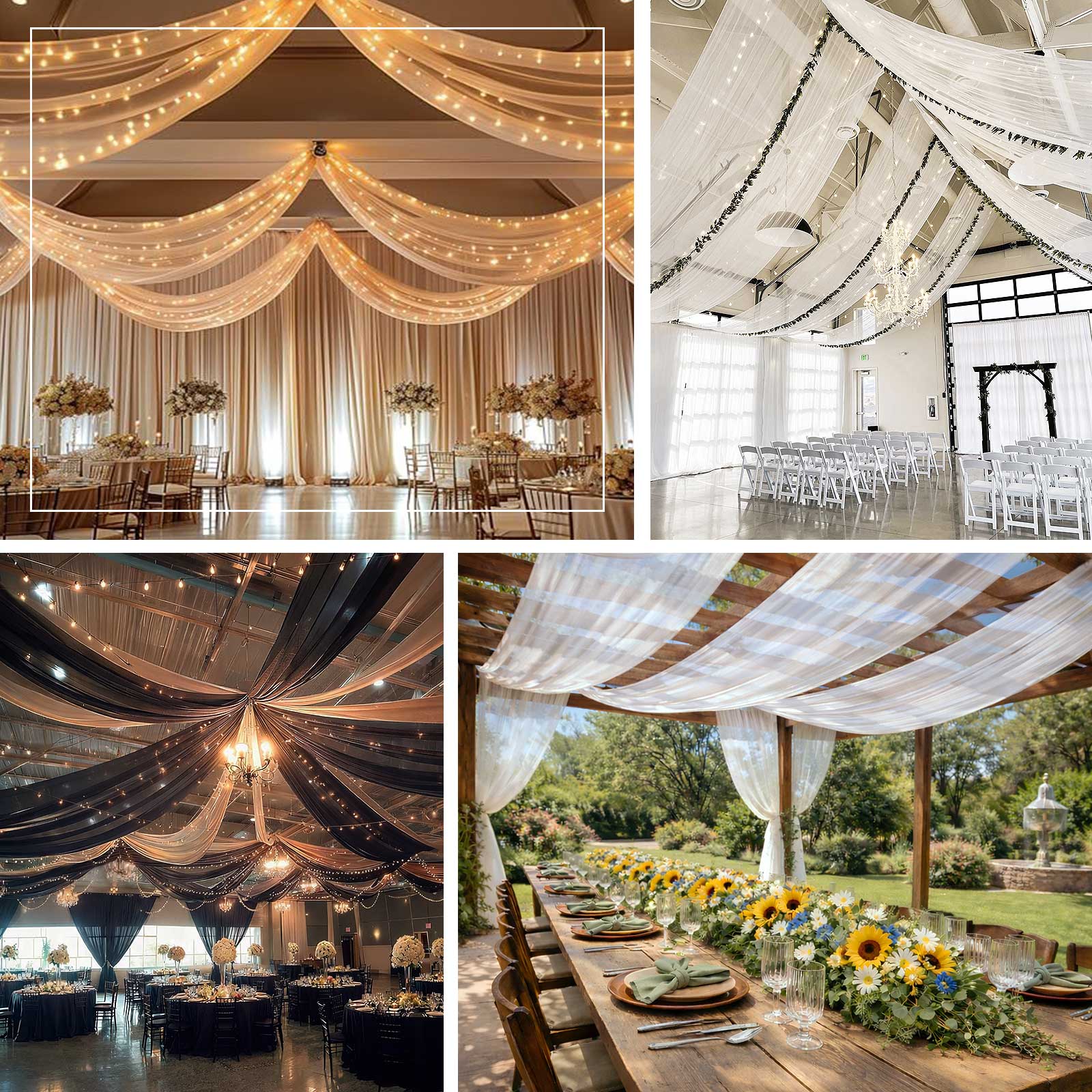 Ivory sheer curtain drapes for elegant ceiling decoration.