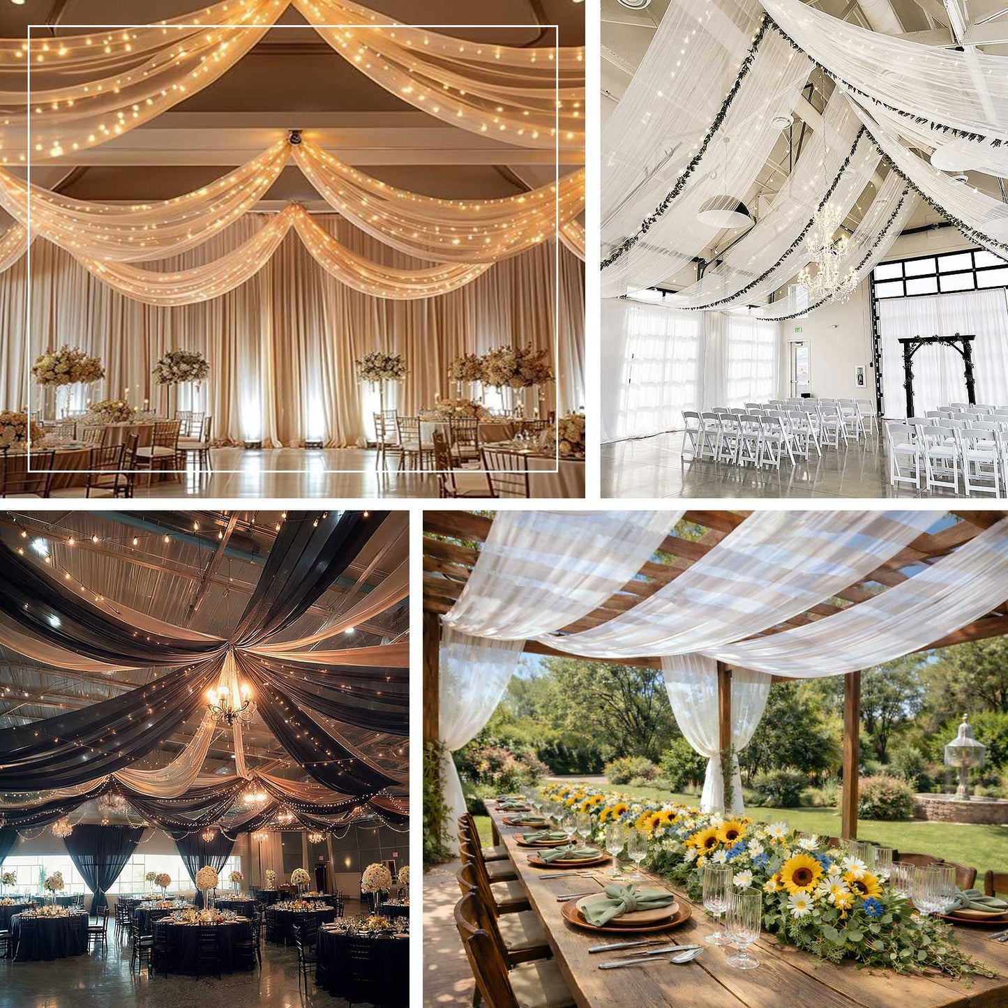 White sheer ceiling drape curtain panels for elegant event decor.