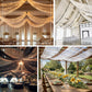Gold sheer ceiling drape curtain panels in elegant event settings.