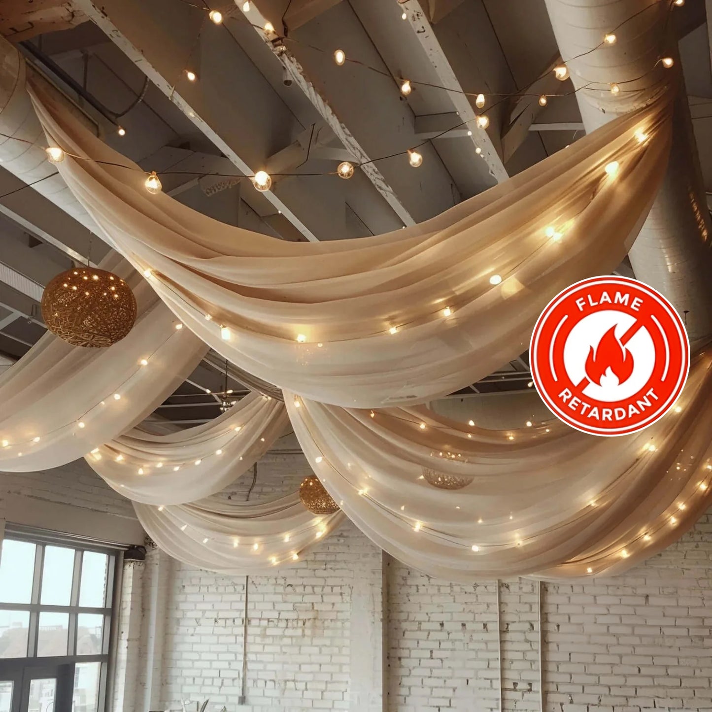 Natural chiffon curtain panel in soft beige with twinkling lights.