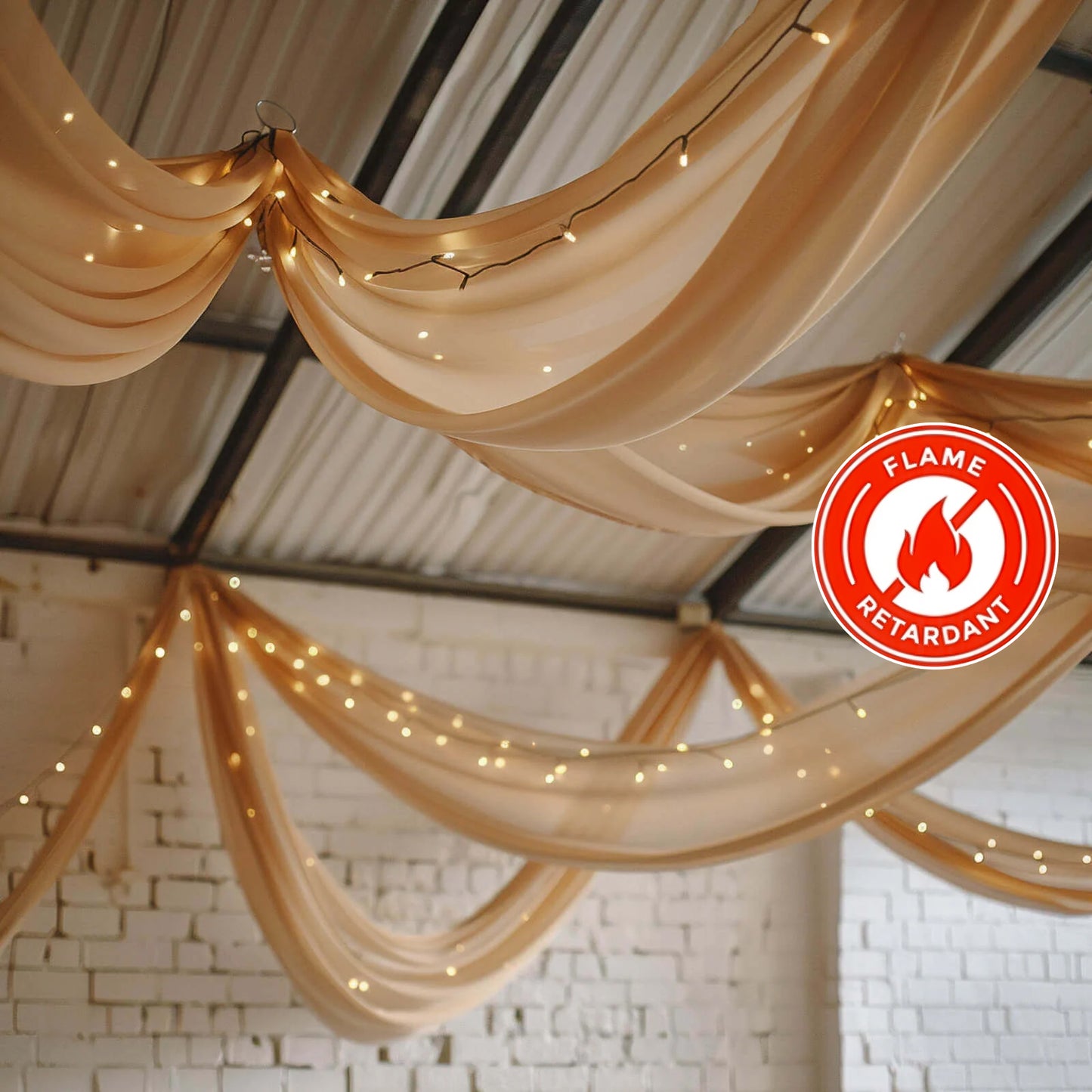 Natural chiffon curtain panel in soft beige with flame-resistant features.