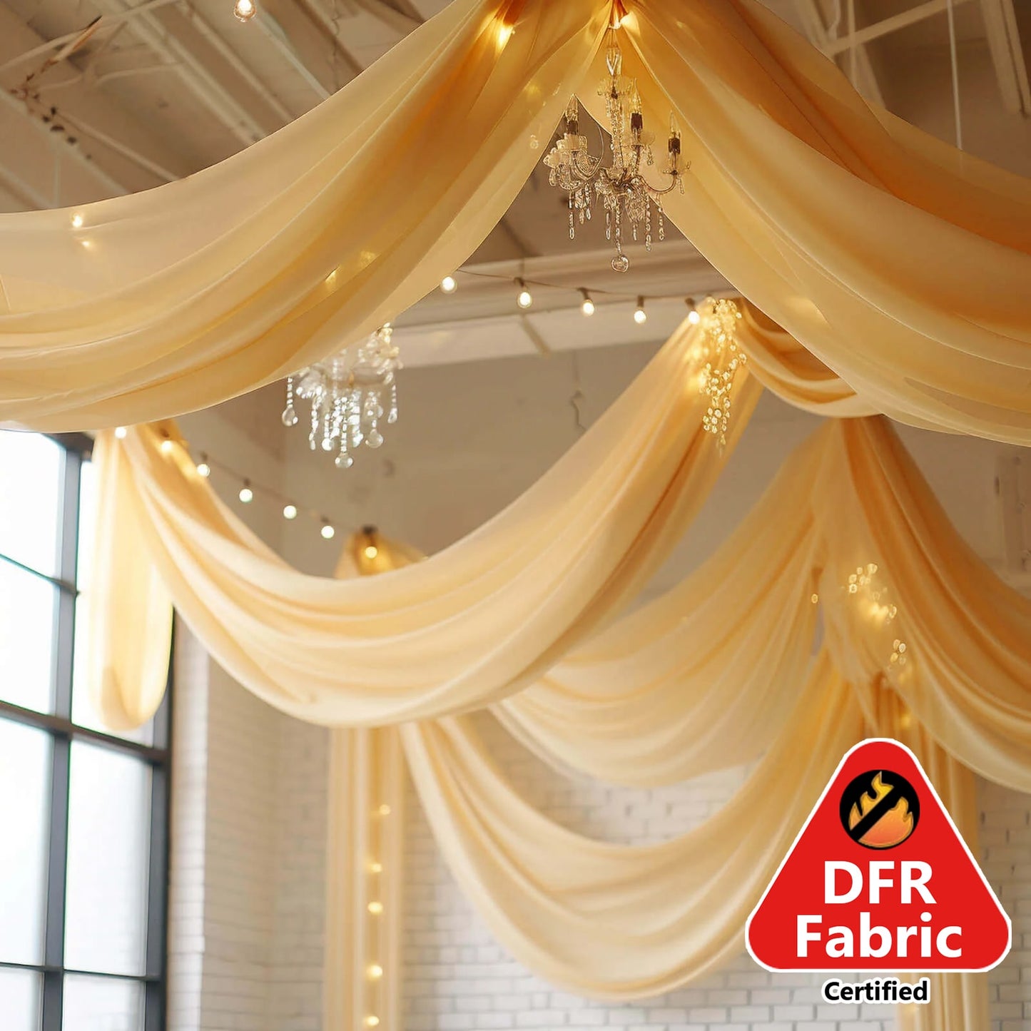 5ftx32ft Premium Champagne Chiffon Curtain Panel, Durable Flame Resistant Backdrop Ceiling Drapery With Rod Pocket