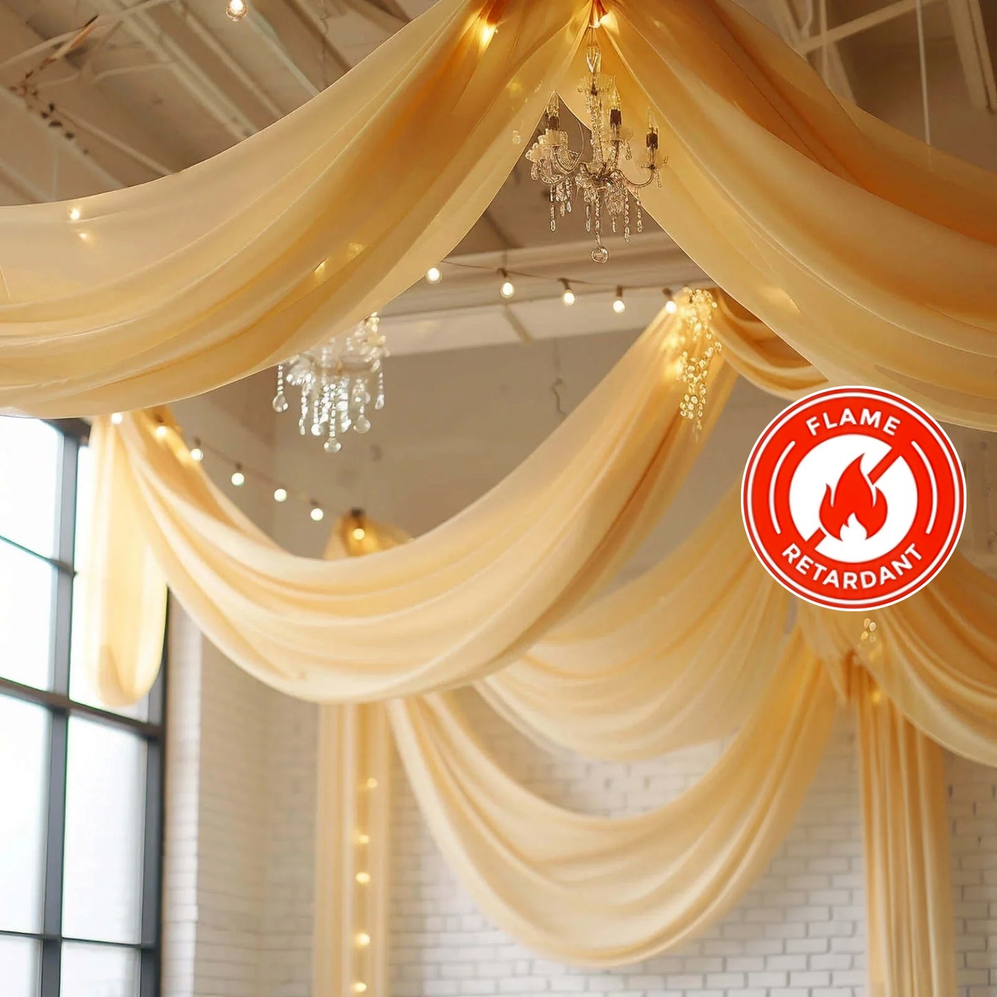 5ftx32ft Champagne Chiffon Curtain Panel, Durable Flame Resistant Backdrop Ceiling Drapery With Rod Pocket