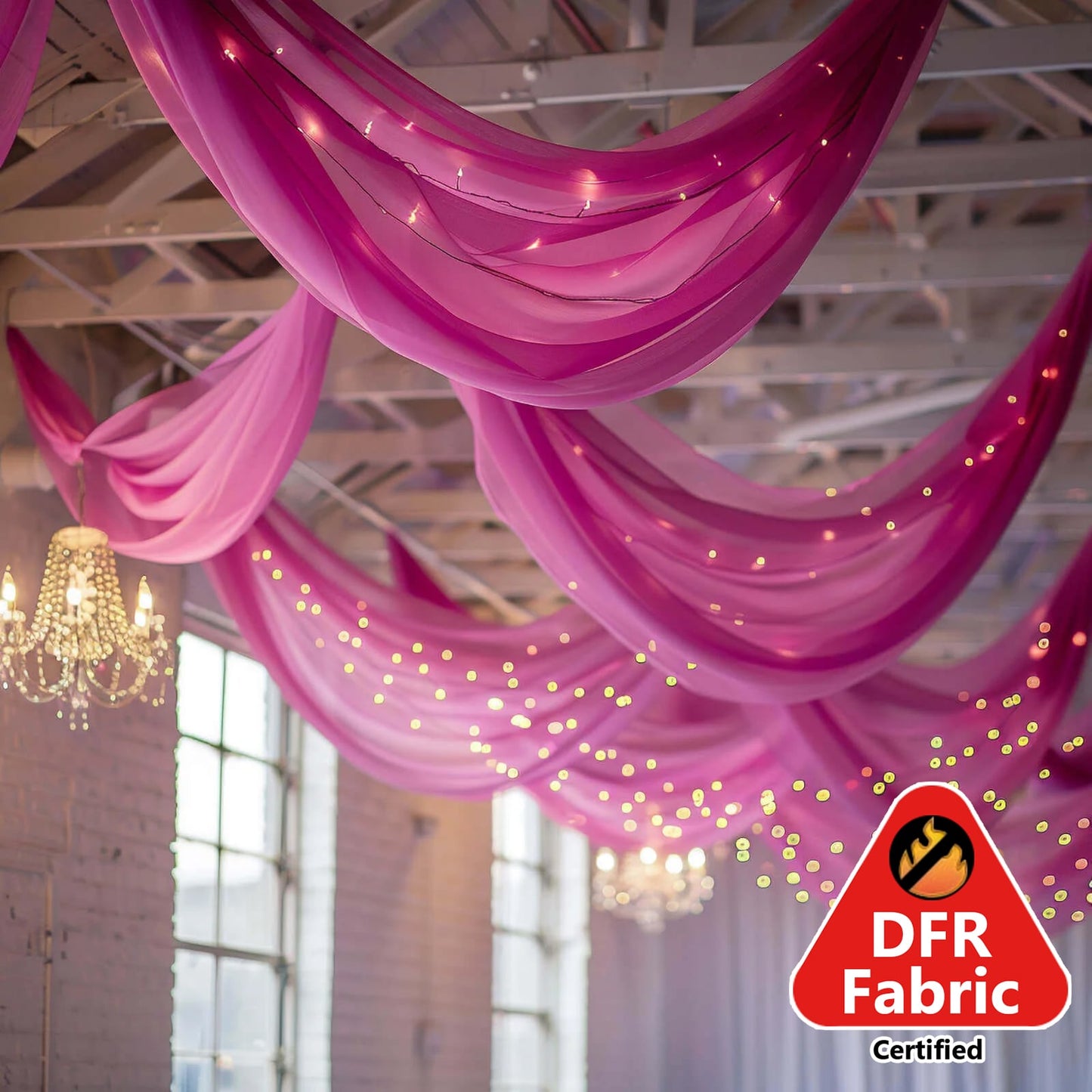 5ftx32ft Premium Fuchsia Chiffon Curtain Panel, Durable Flame Resistant Backdrop Ceiling Drapery With Rod Pocket