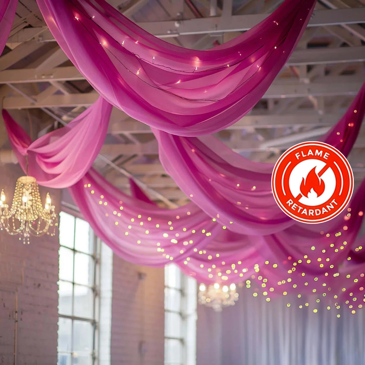 5ftx32ft Fuchsia Chiffon Curtain Panel, Durable Flame Resistant Backdrop Ceiling Drapery With Rod Pocket
