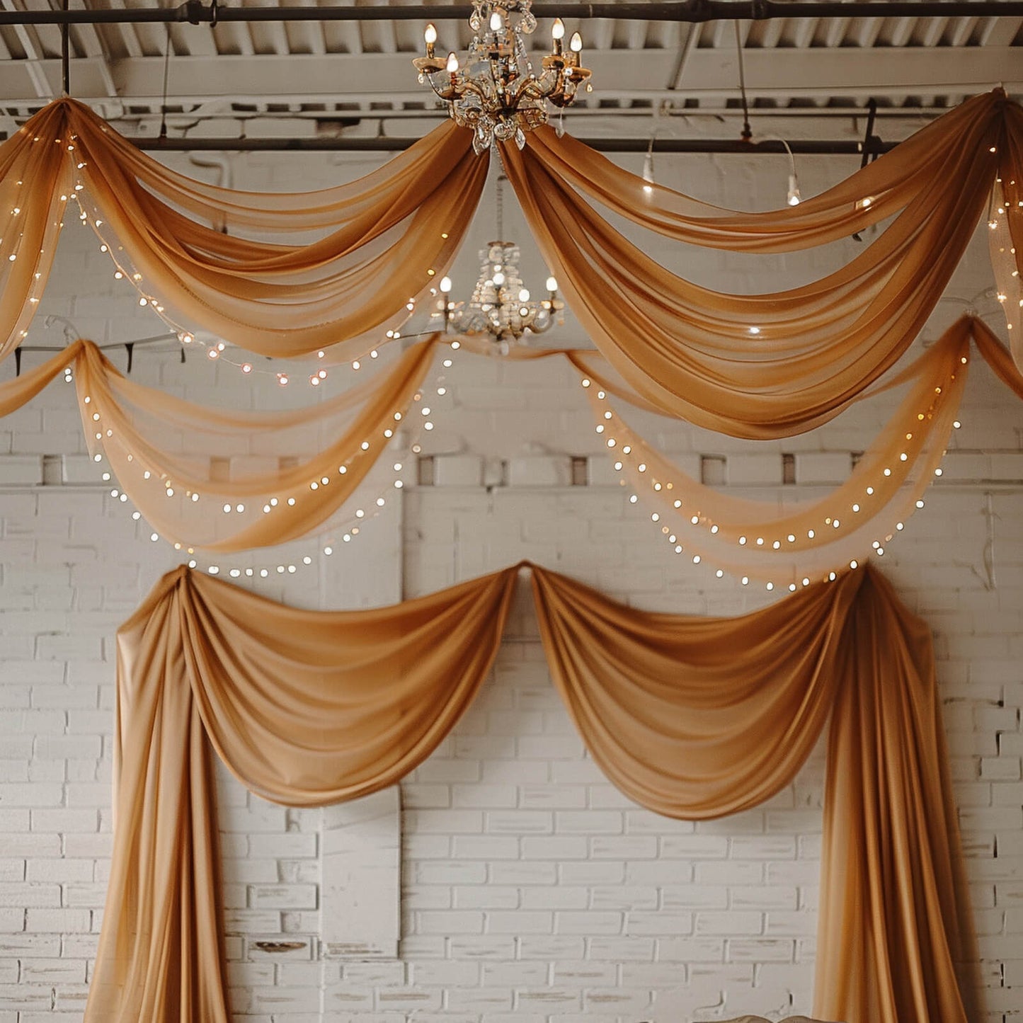 5ftx32ft Premium Gold Chiffon Curtain Panel, Durable Flame Resistant Backdrop Ceiling Drapery With Rod Pocket