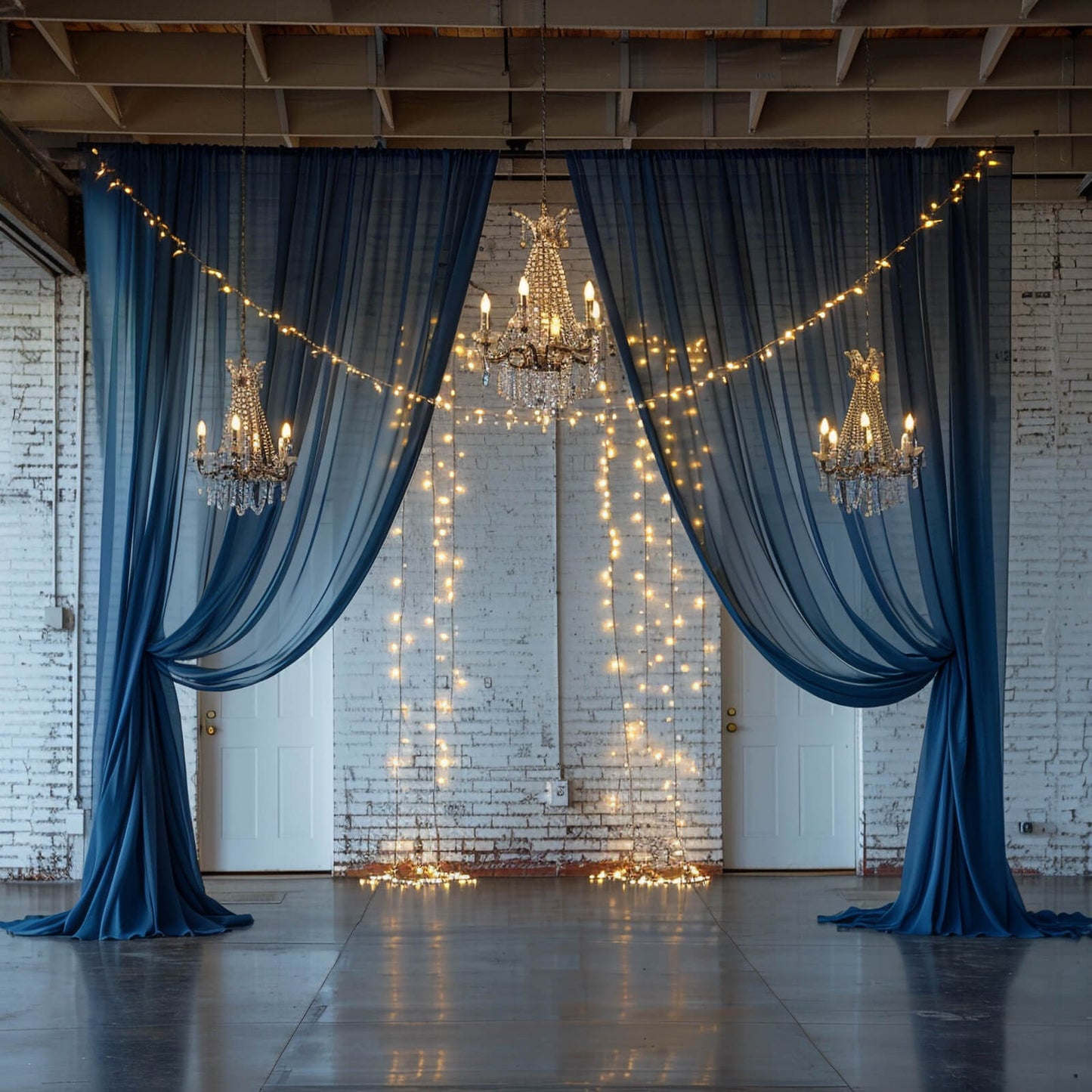 5ftx32ft Premium Navy Blue Chiffon Curtain Panel, Durable Flame Resistant Backdrop Ceiling Drapery With Rod Pocket