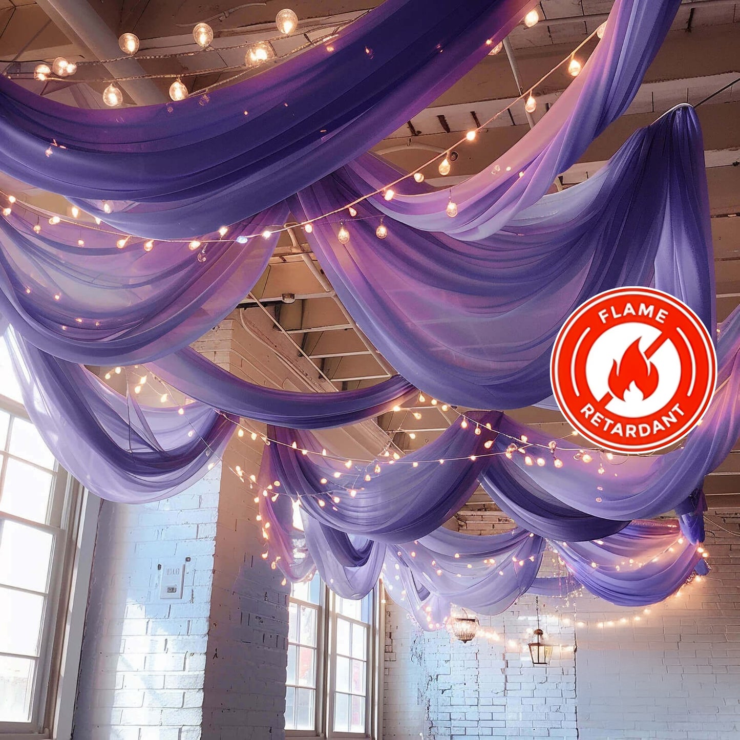 Purple chiffon curtain panel draping with lights, flame resistant backdrop.