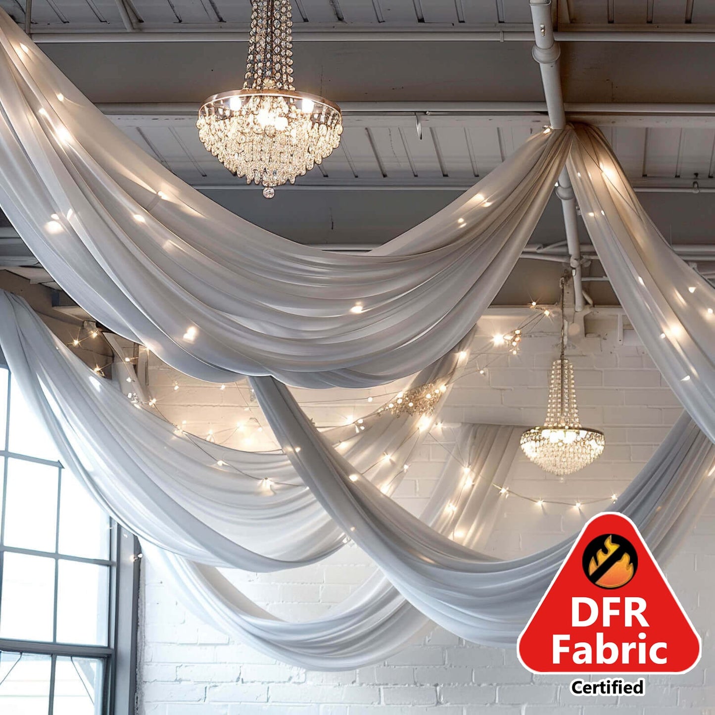 5ftx32ft Premium Silver Chiffon Curtain Panel, Durable Flame Resistant Backdrop Ceiling Drapery With Rod Pocket