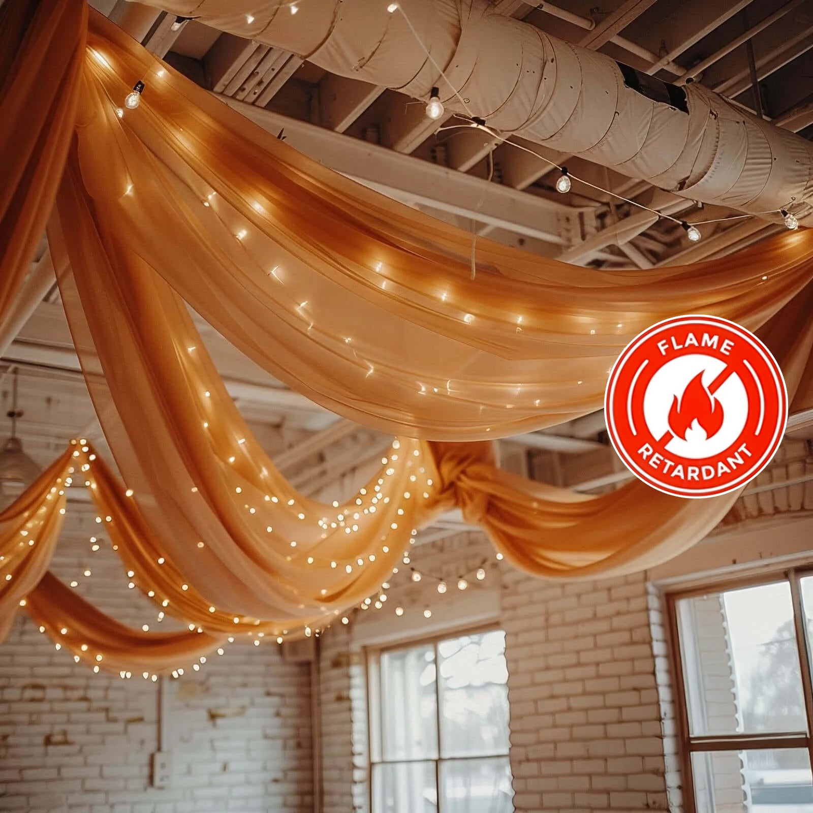 Terracotta chiffon curtain panel drapery with lights, flame resistant.