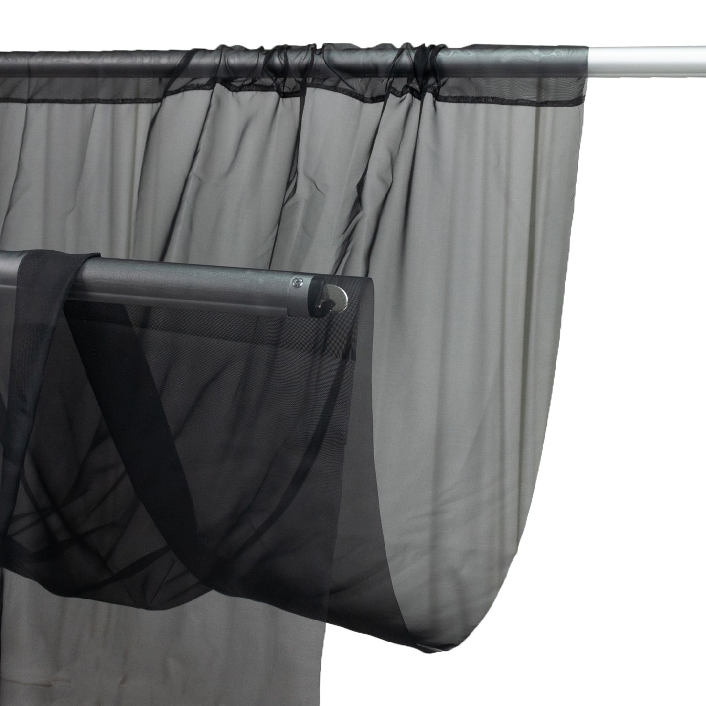 Black chiffon curtain panel, durable flame-resistant backdrop and ceiling drape.