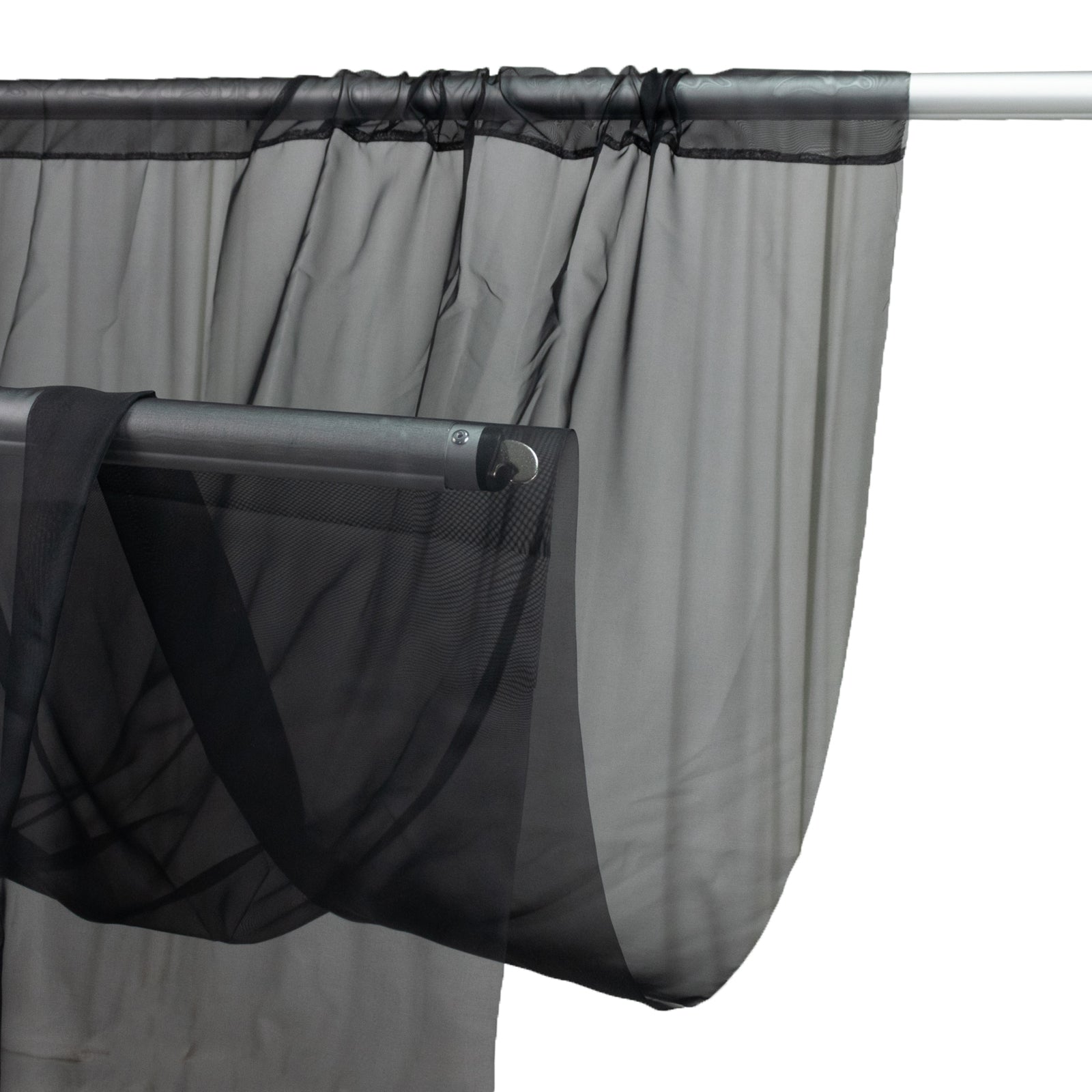 Black chiffon curtain panel, durable flame-resistant backdrop and ceiling drape.