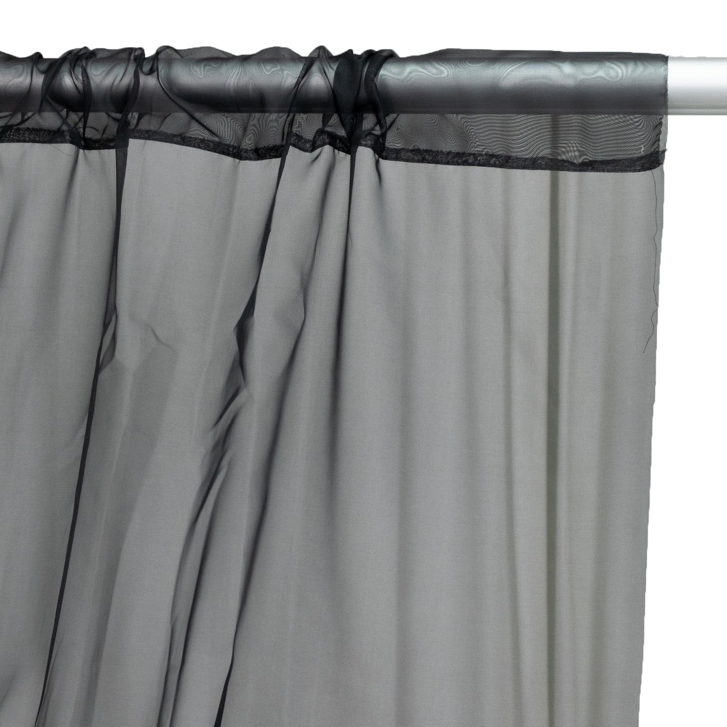 Black chiffon curtain panel, durable flame resistant backdrop and ceiling drape.